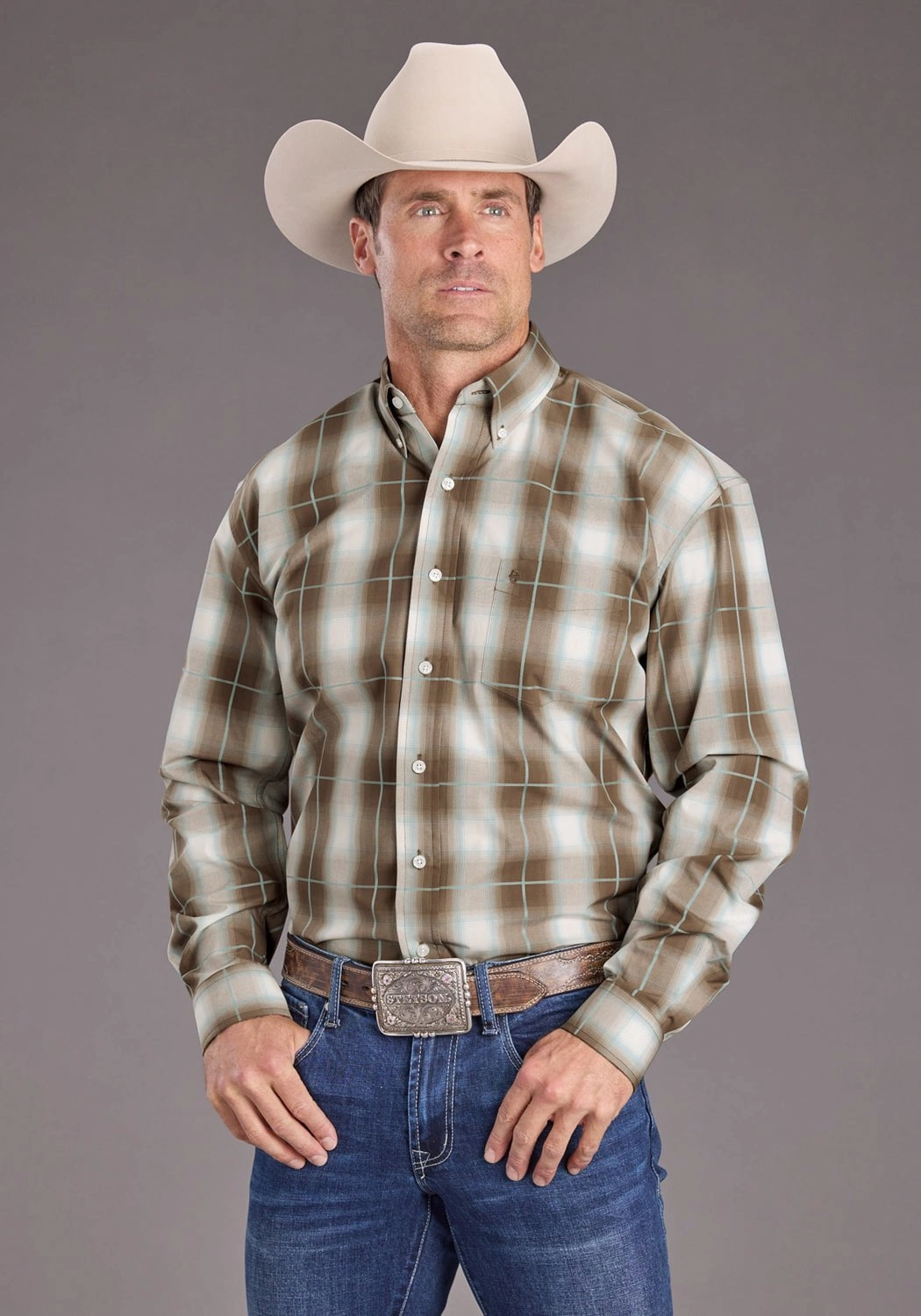 Stetson Mens Sandy Ombre Plaid Brown 100% Cotton 1 Pkt L/S Shirt Contemporary Design Temperature Regulating