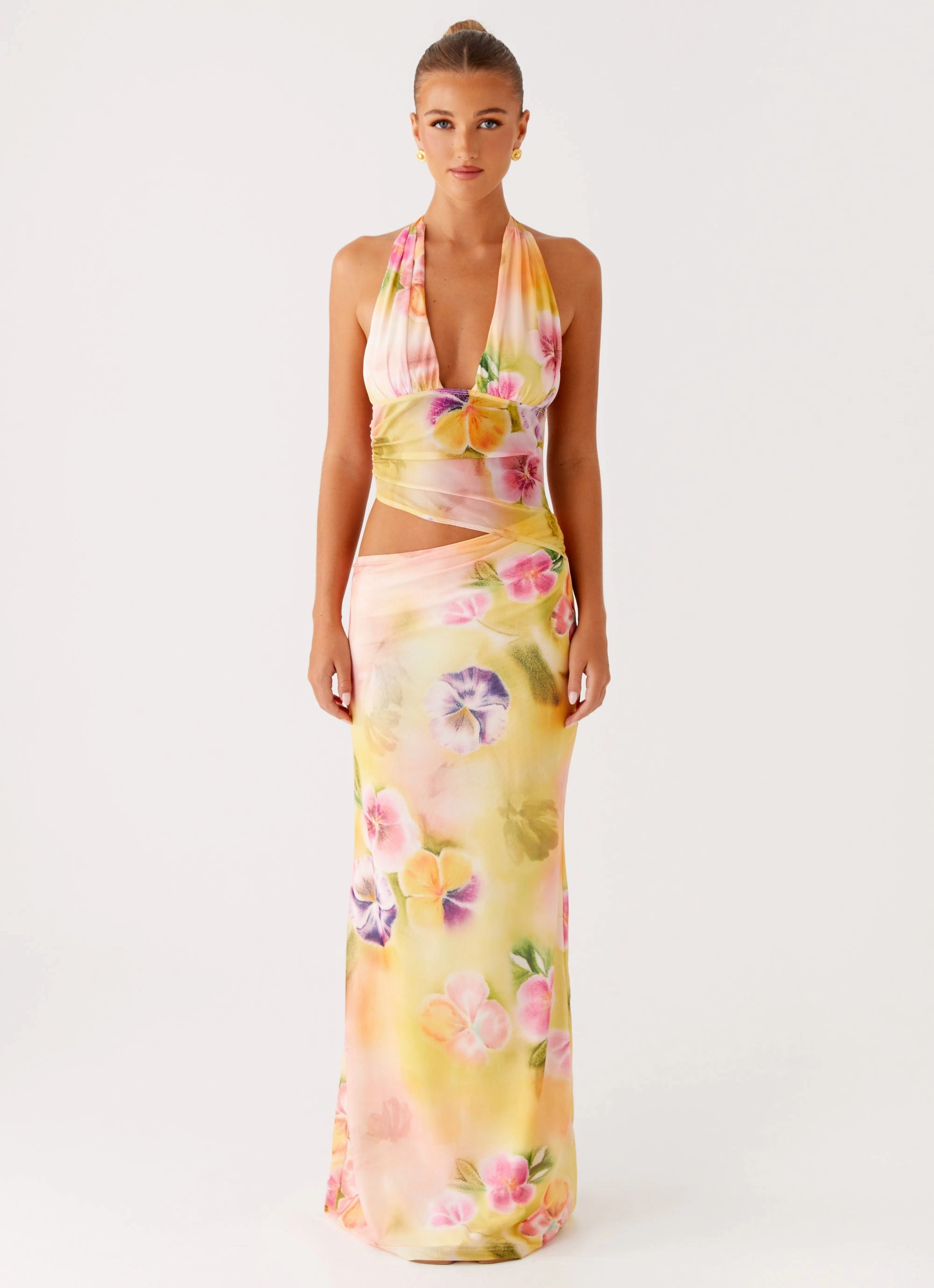 Main Act Halter Maxi Dress - Sunburst Floral Midnight Mood High Neck