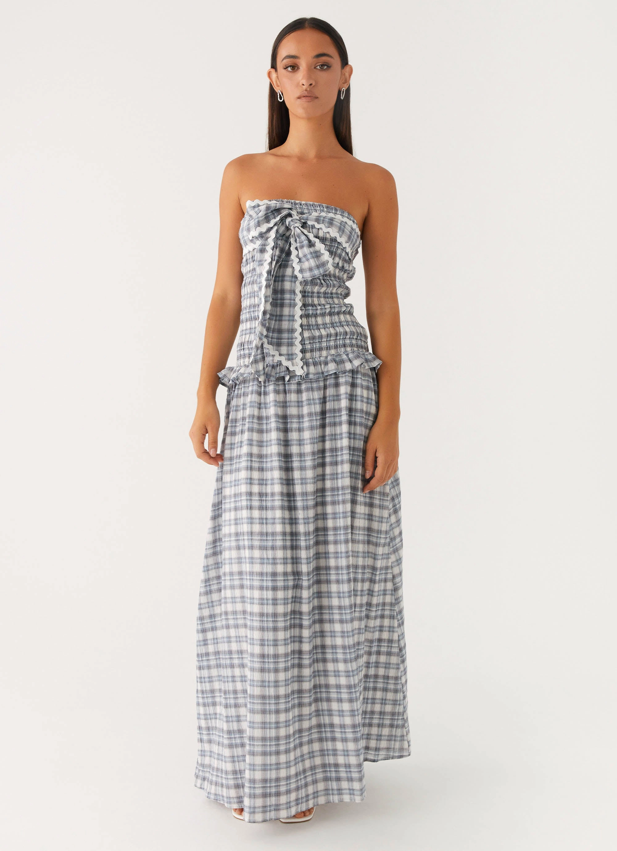 Comfy Fit Malia Shirred Maxi Dress - Blue Grey Check