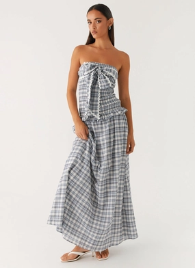 Simple Style Malia Shirred Maxi Dress - Blue Grey Check