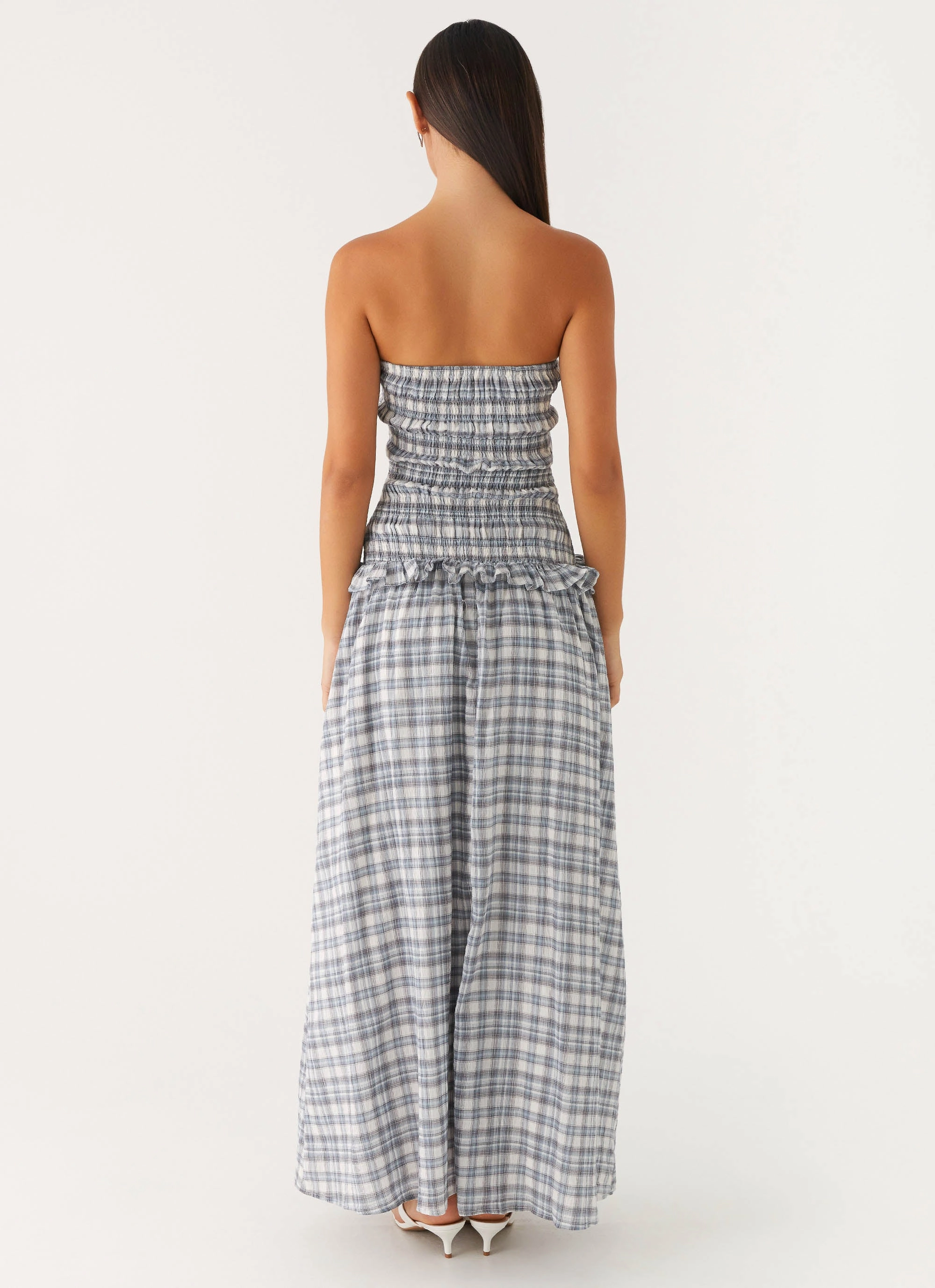 Youthful Feel Malia Shirred Maxi Dress - Blue Grey Check