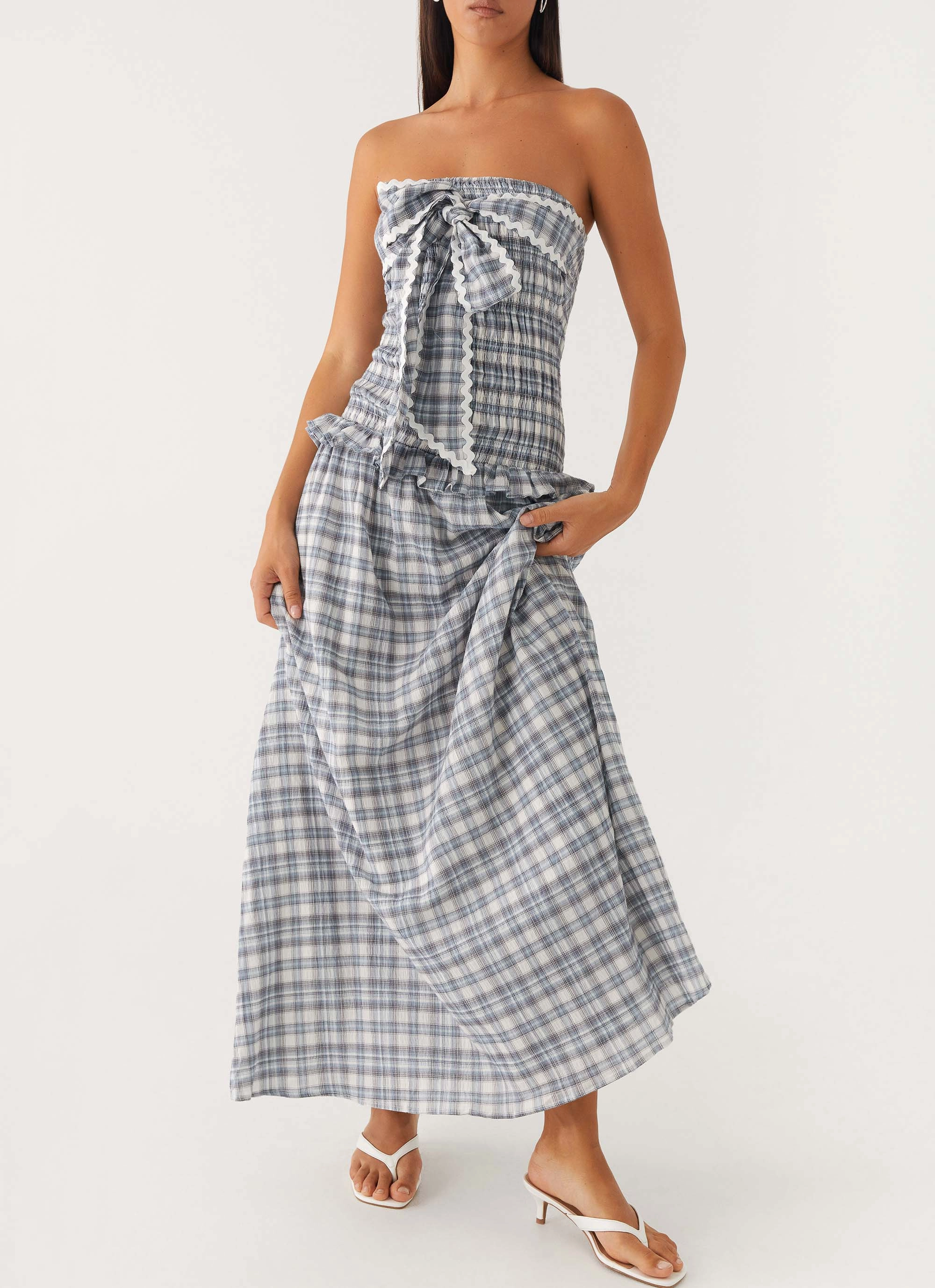 Malia Shirred Maxi Dress - Blue Grey Check Pure Motion Love Soft