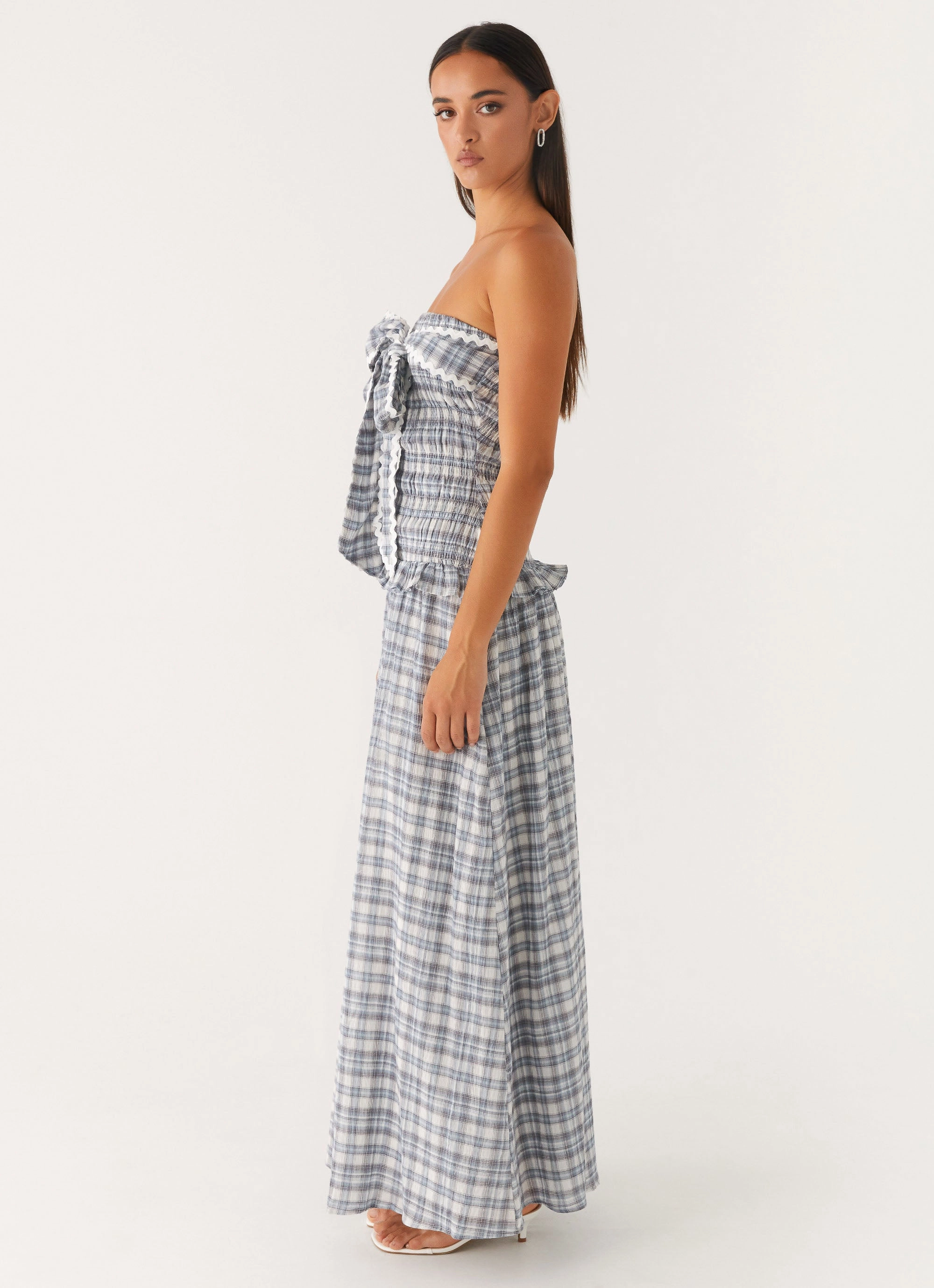 Malia Shirred Maxi Dress - Blue Grey Check Fashionable event gown