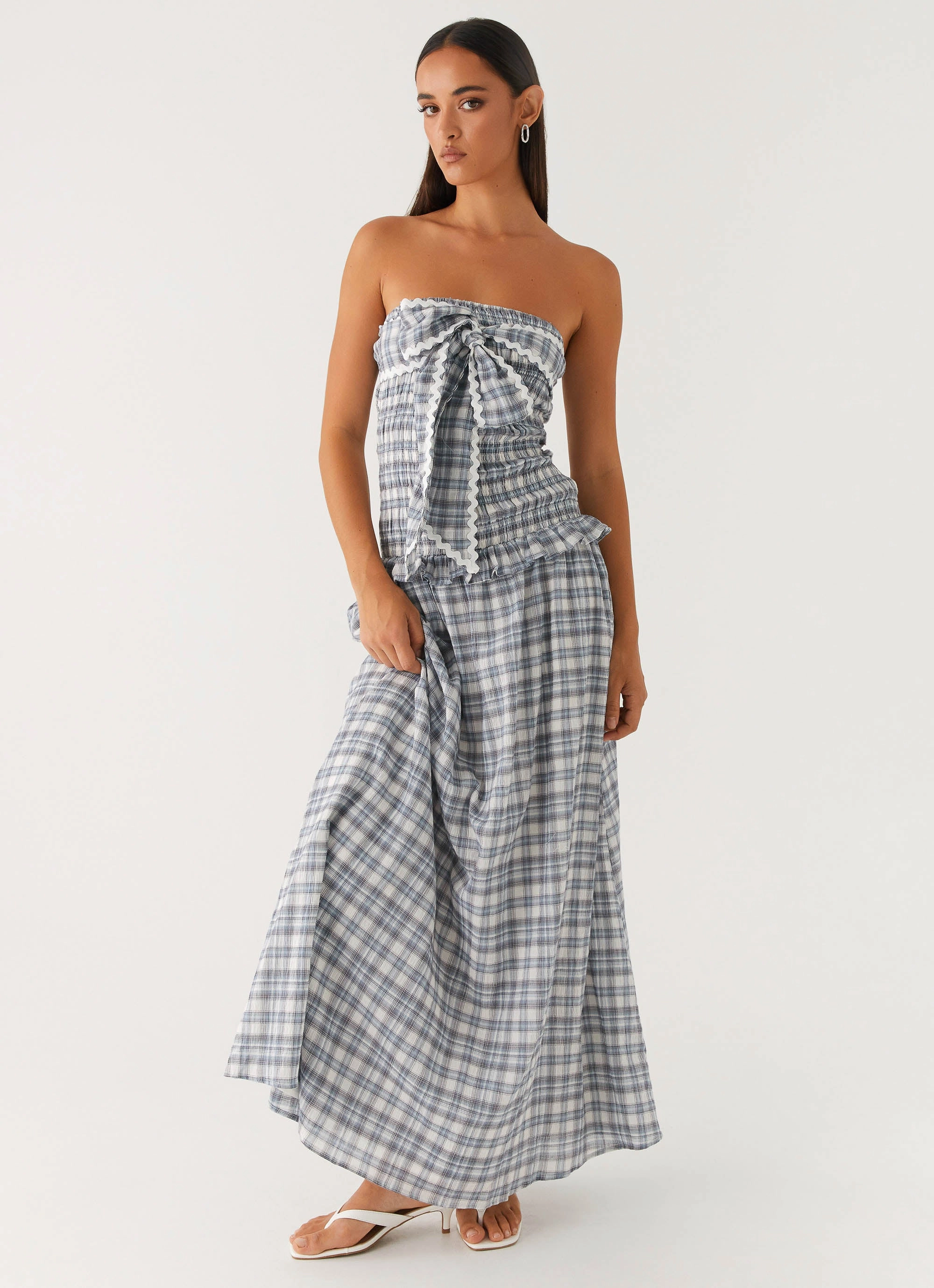 Simple Style Malia Shirred Maxi Dress - Blue Grey Check