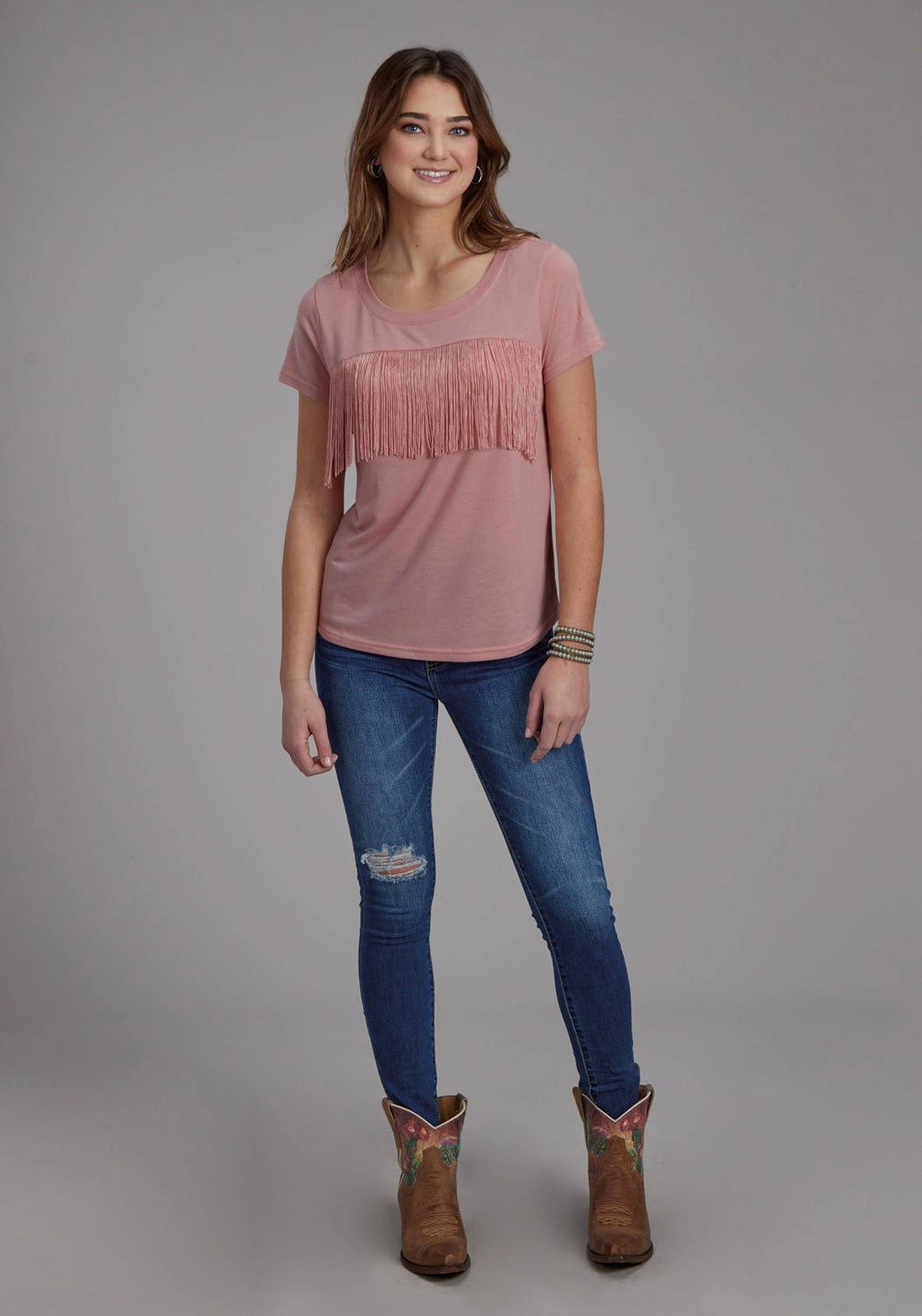 Roper Womens Front Yoke Fringe Pink Poly/Rayon S/S T-Shirt Eco Friendly Dye Versatile Style