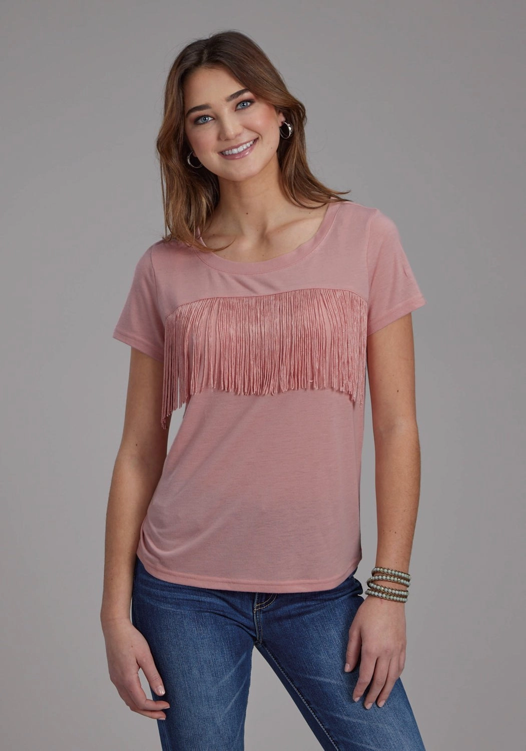 Roper Womens Front Yoke Fringe Pink Poly/Rayon S/S T-Shirt Durable Material Poolside Lounge