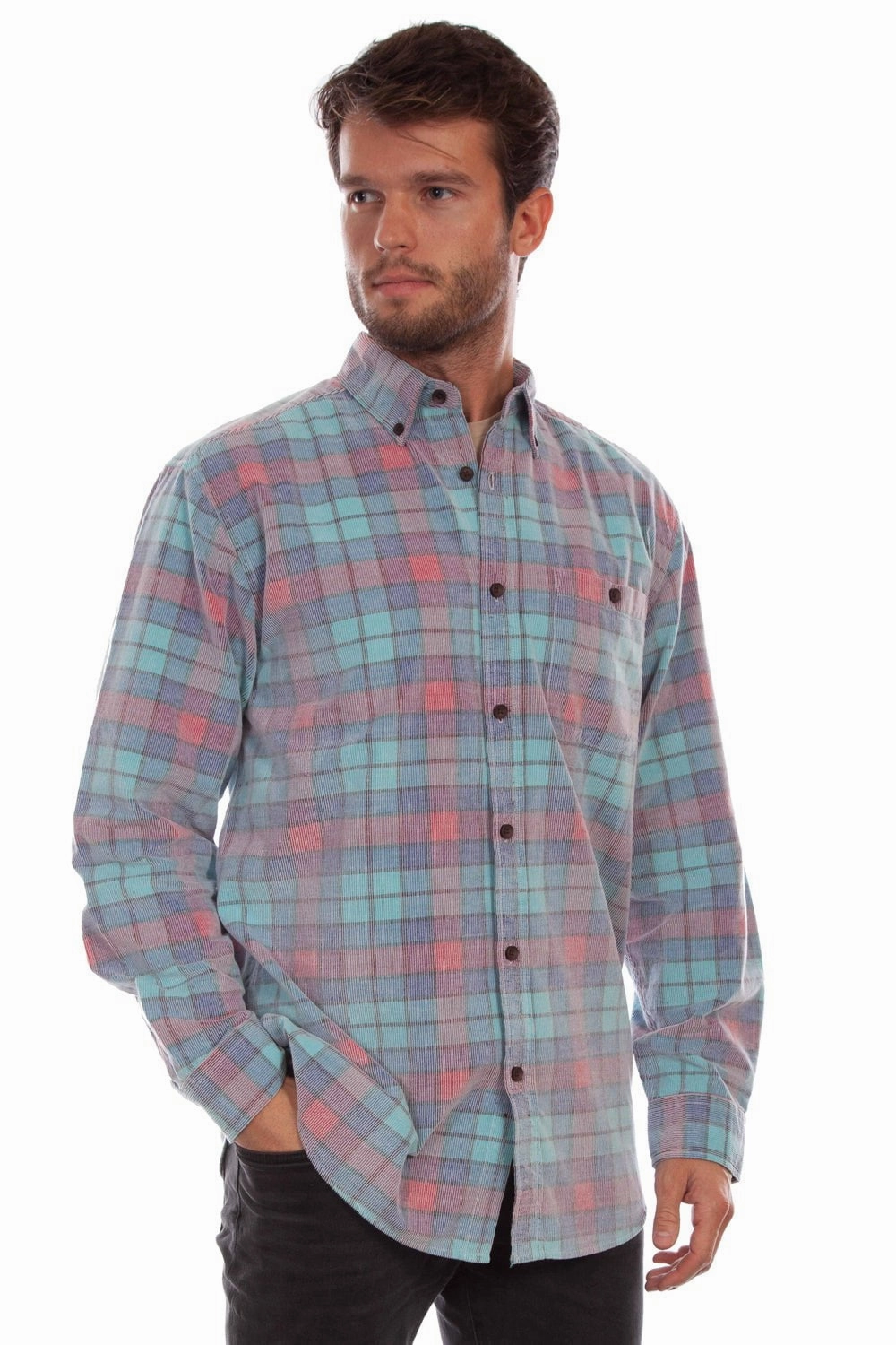 Scully Mens Corduroy Plaid Blue 100% Cotton L/S Shirt slim fit City Exploration