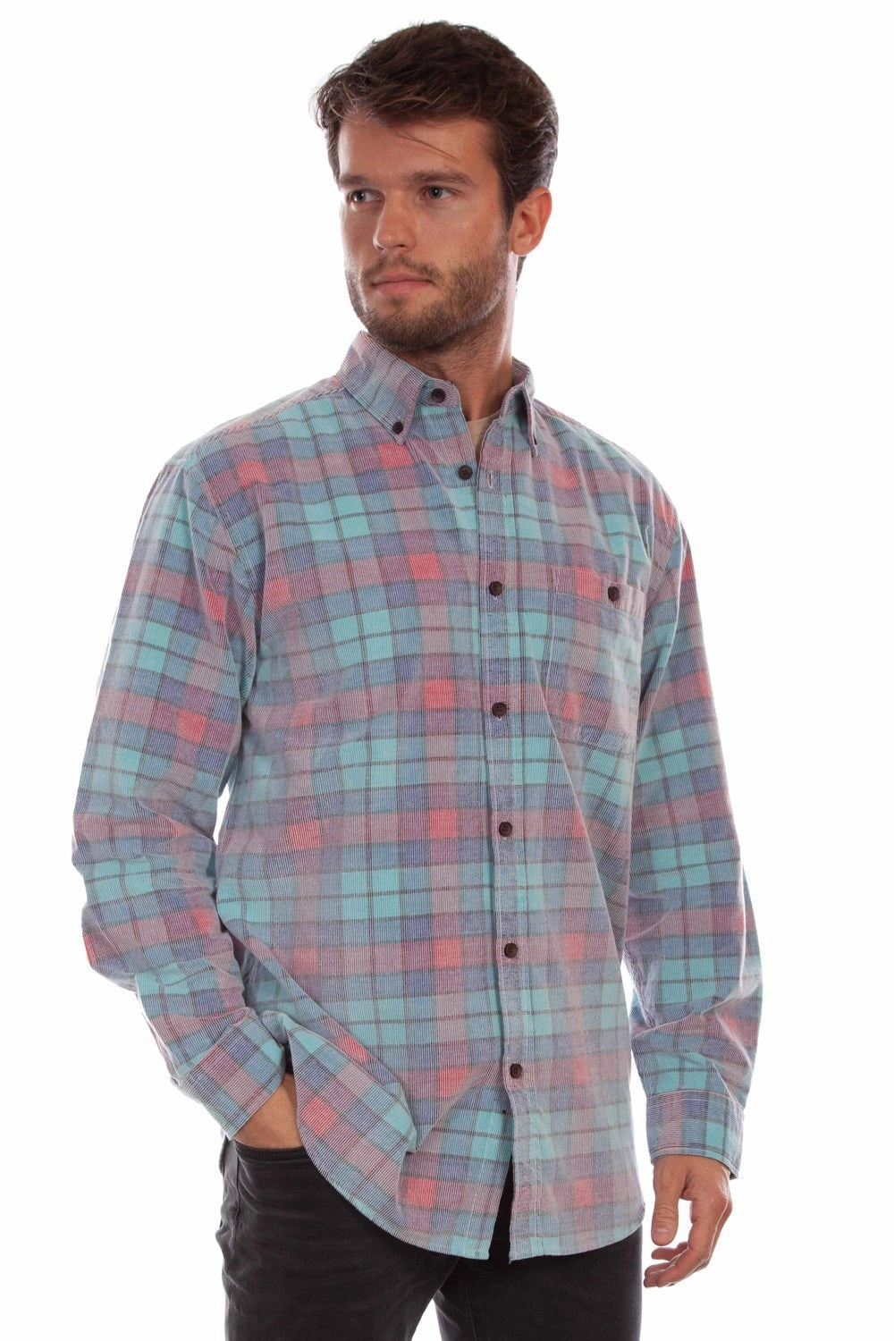 Multi Pocket Utility Limited Edition Scully Mens Corduroy Plaid Blue 100% Cotton L/S Shirt