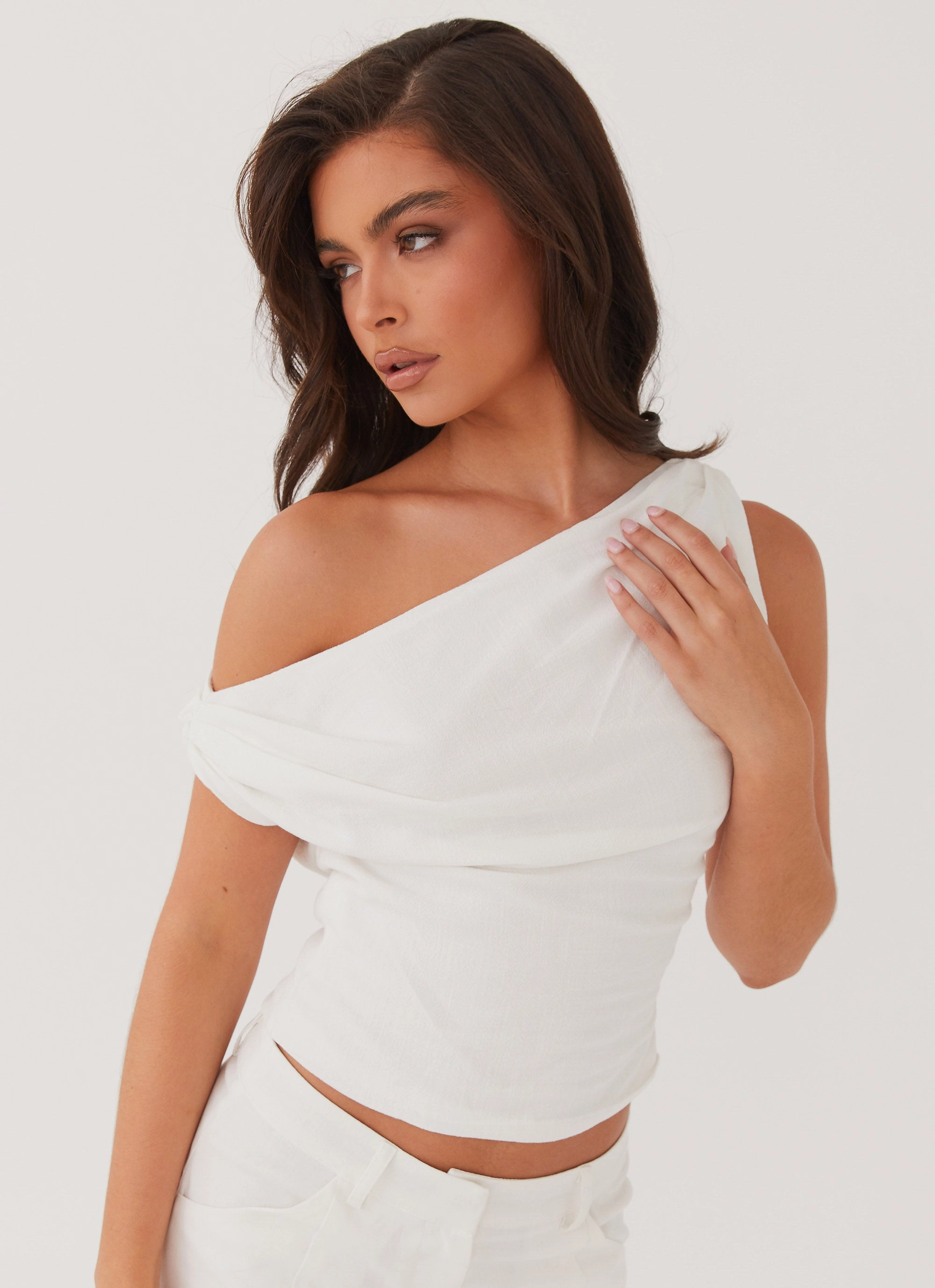 OdorResistant Technology Marissa Linen One Shoulder Top - White