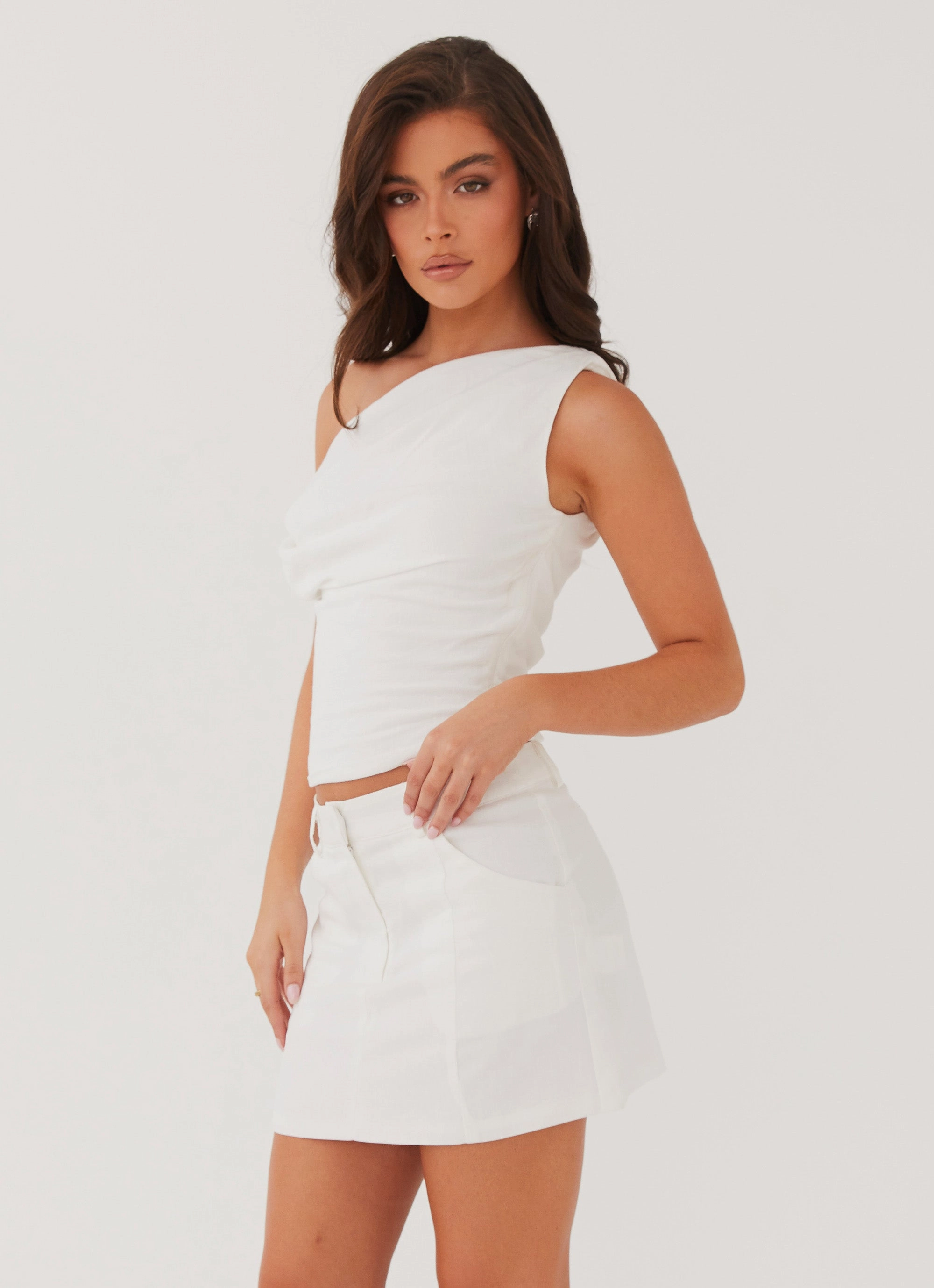 Interlock Weave Marissa Linen One Shoulder Top - White