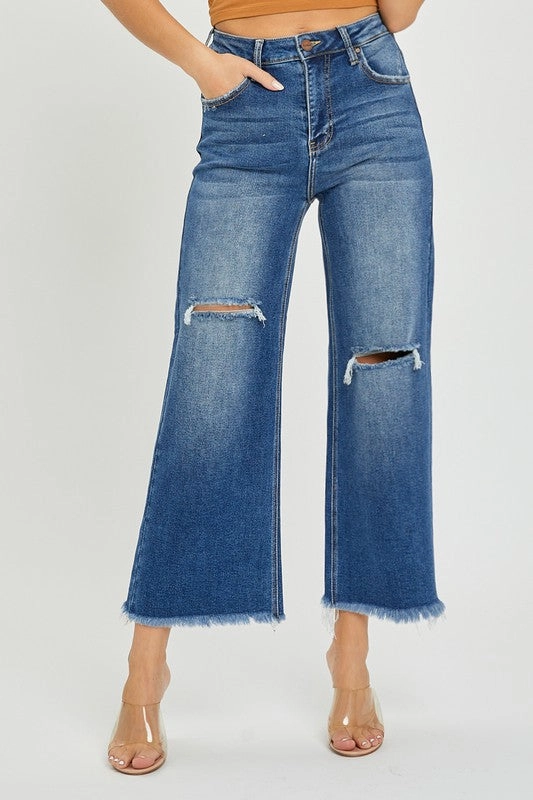 Bold Earthy Youth Style Student Outfit MARYN HIGH RISE FRAYED ANKLE WIDE JEANS