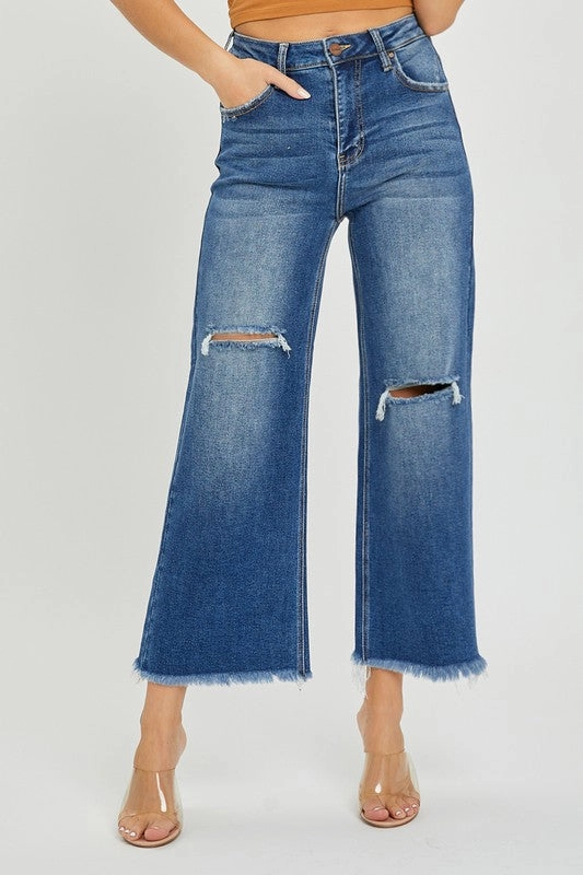 MARYN HIGH RISE FRAYED ANKLE WIDE JEANS Subtle Texture Outfit Ease