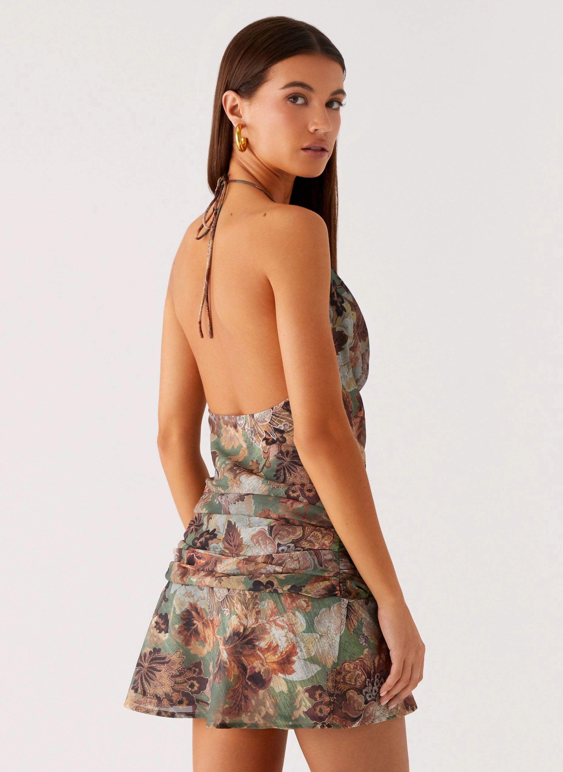 Wineweather Cowl Mini Dress - Vintage Blossom Cinched-Waist