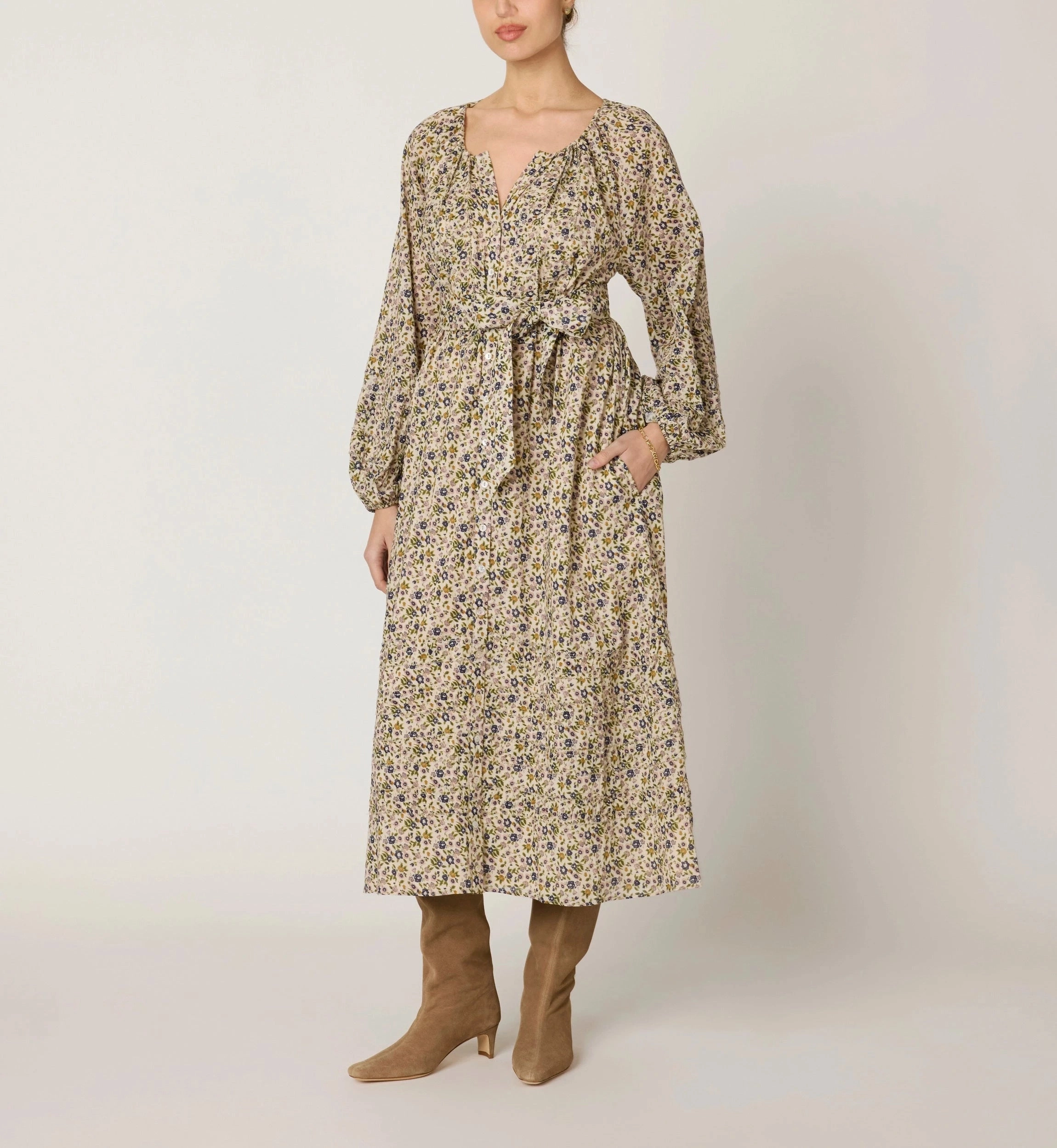 Melinda Midi Dress | Eloisa Floral Silky texture Gathered Skirt