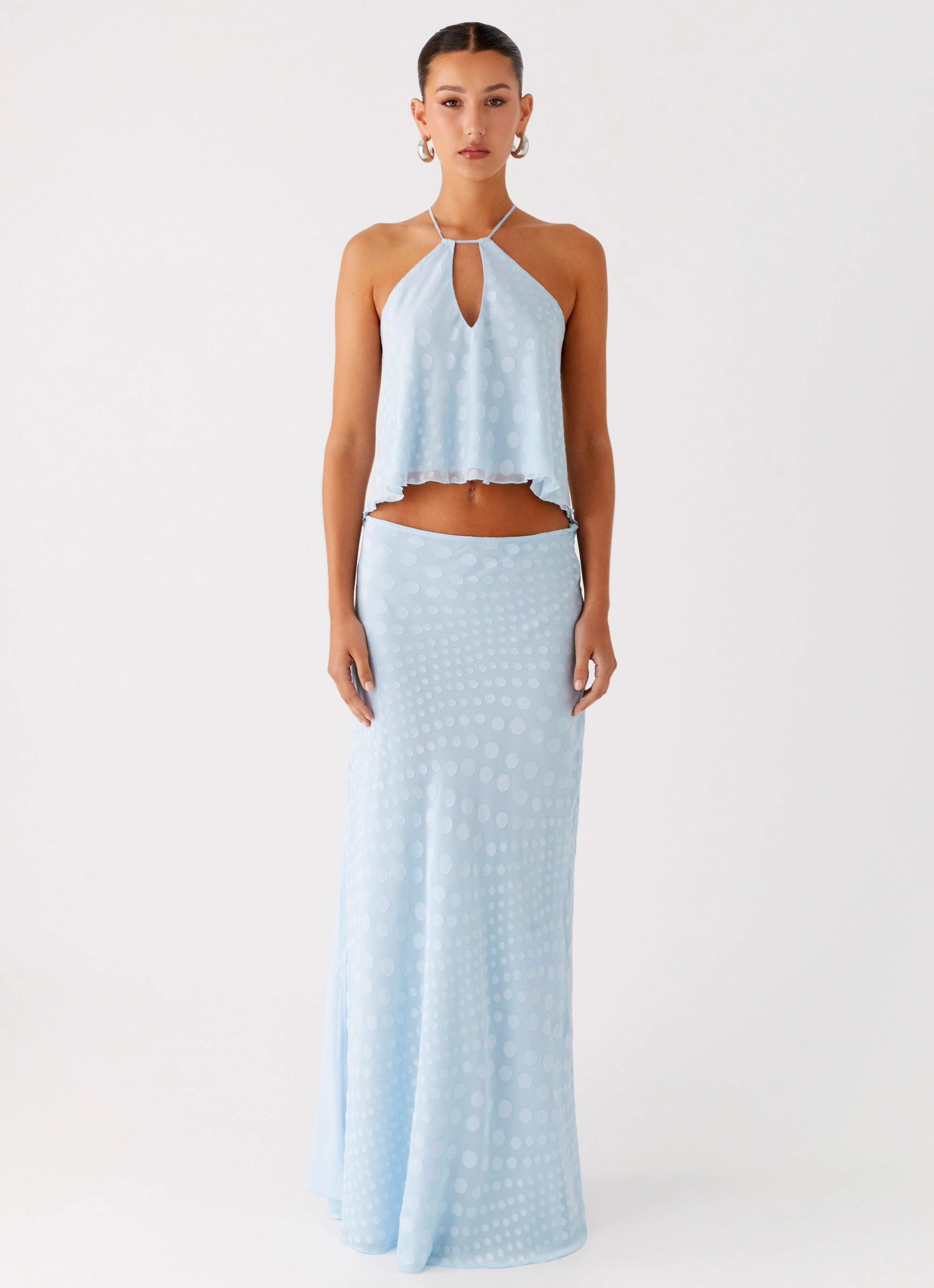 Back Slit Mena Chiffon Spot Maxi Skirt - Blue