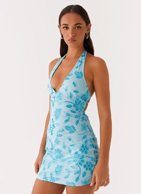 Merida Halterneck Beaded Mini Dress - Blue Sleek Movement Subtle Texture