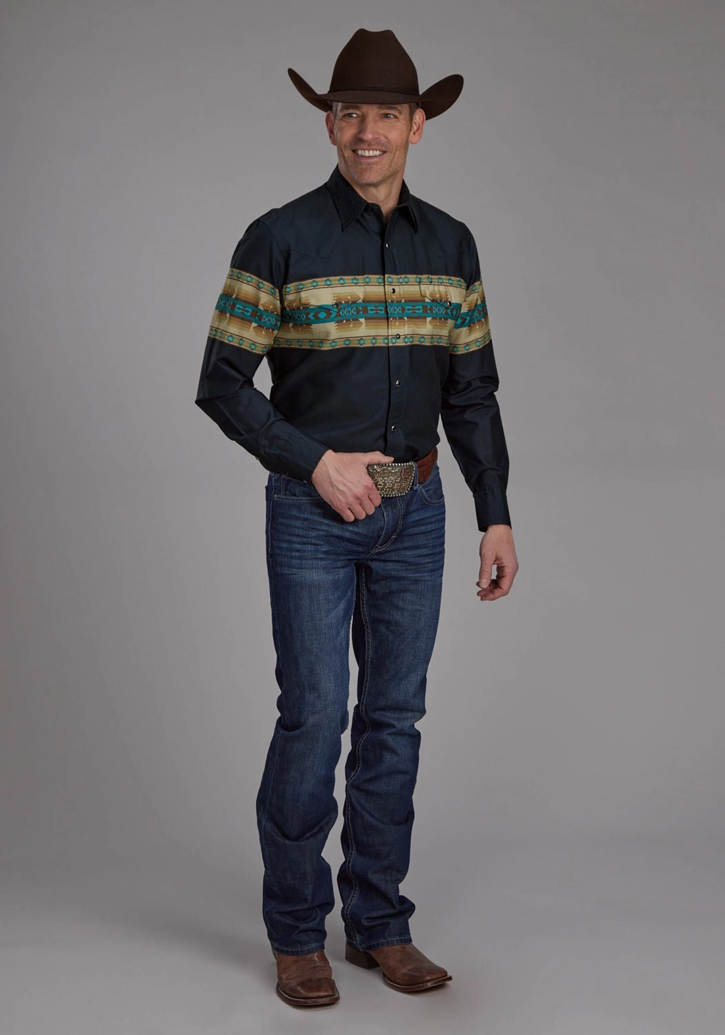Festive Look Roper Mens Aztec Border Navy 100% Cotton L/S Shirt