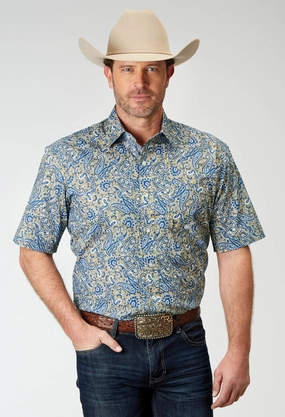 Seamless construction Tear Resistant Reinforcement Roper Mens Delft Paisley Blue 100% Cotton S/S Shirt