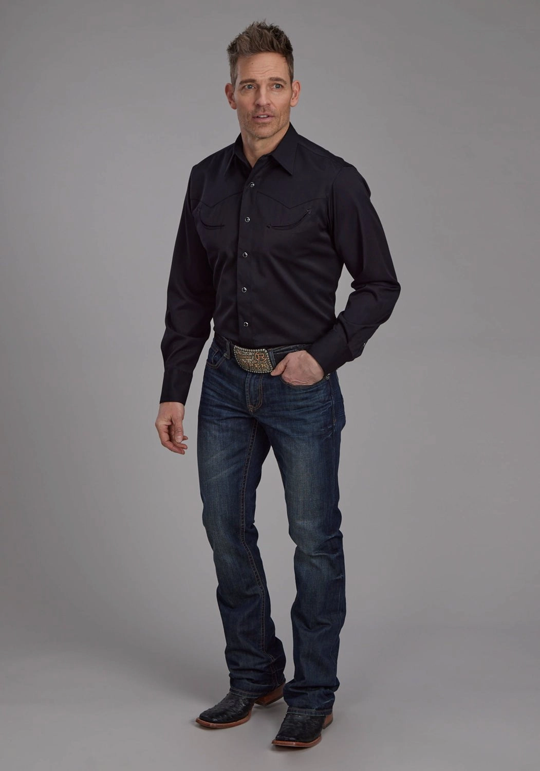 Roper Mens Flag Longhorn Skull Black Poly/Rayon L/S Shirt Moisture Management Tech