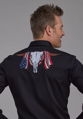 Roper Mens Flag Longhorn Skull Black Poly/Rayon L/S Shirt Standalone Option
