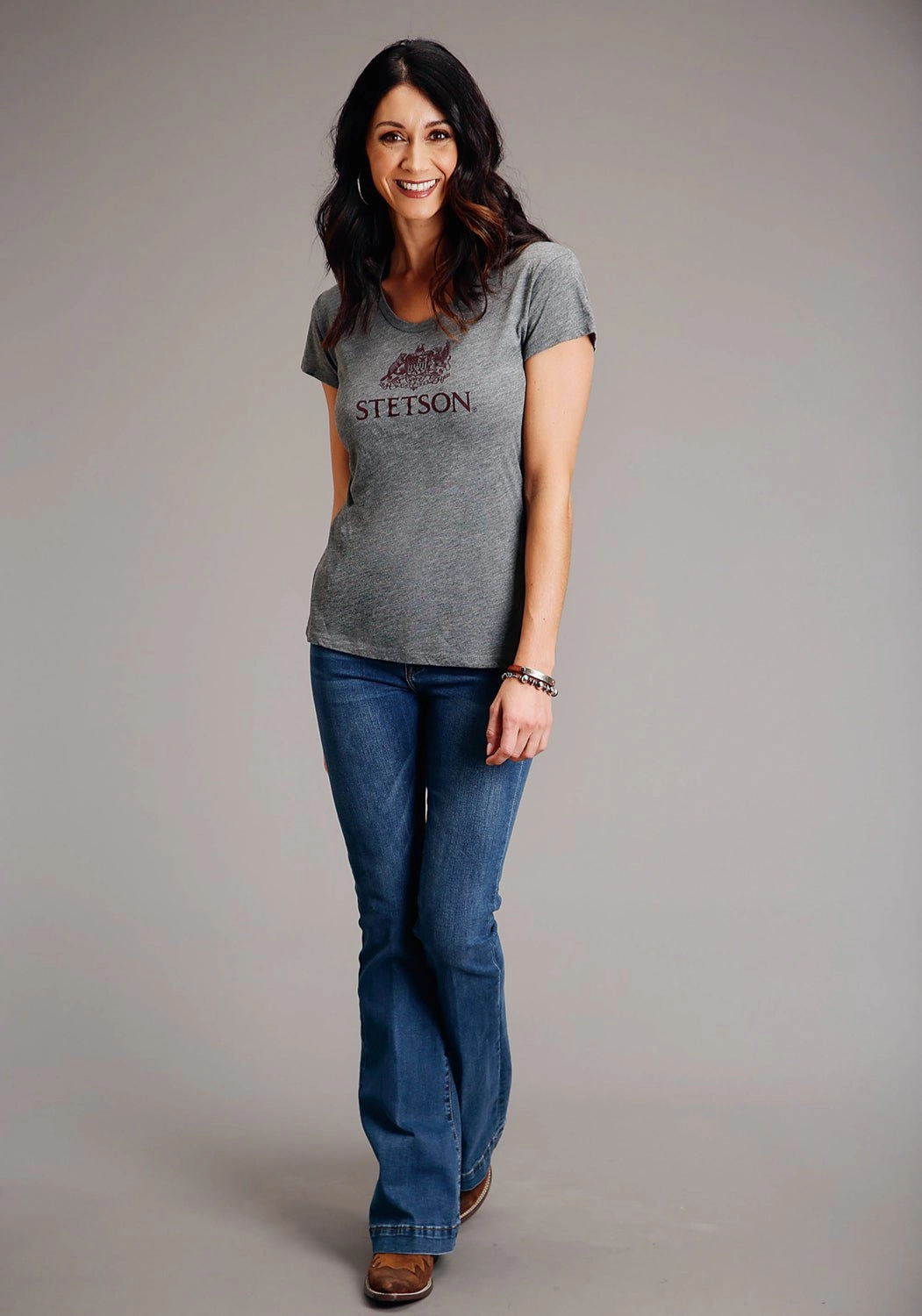 Stetson Womens Grey Poly/Rayon Crest Screenprint S/S T-Shirt Sports Ready