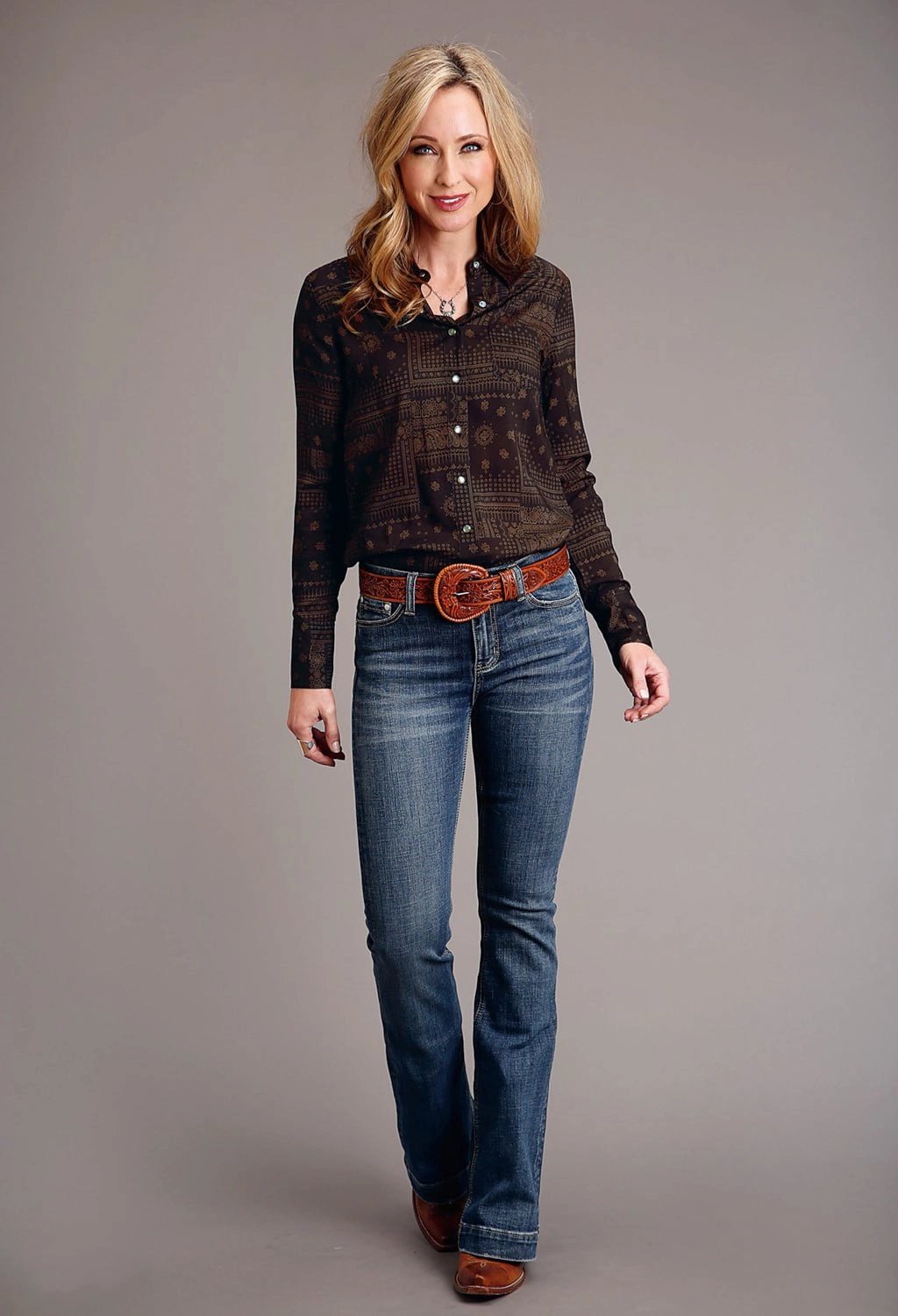 Lounge Wear Fashion Statement Stetson Womens Patchwork Bandana Brown 100% Rayon L/S Shirt