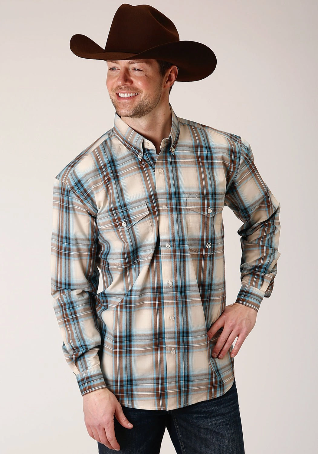 Sustainable fashion Roper Mens Brown 100% Cotton Cocoa Plaid BD L/S Button Shirt