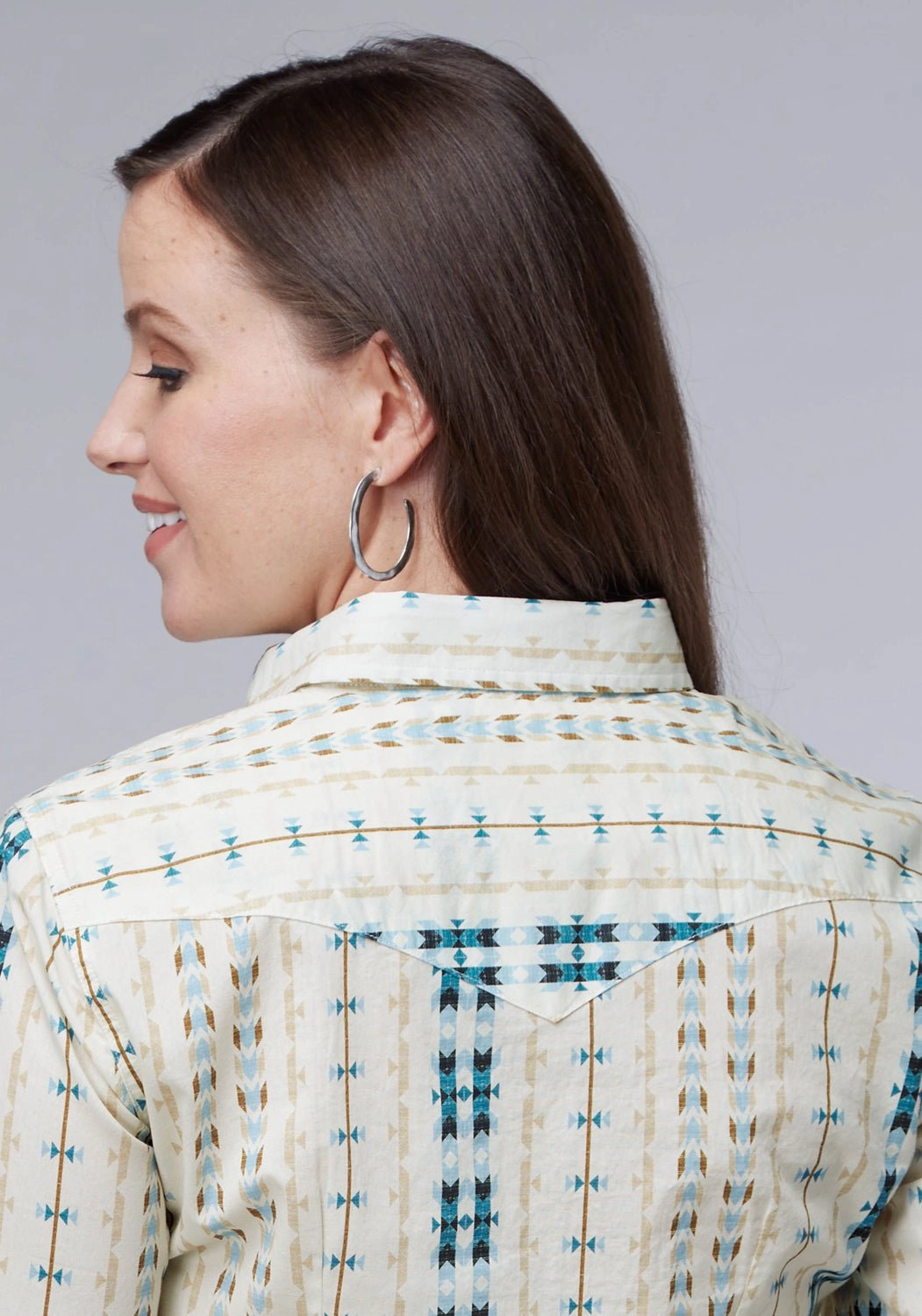 Roper Womens Vertical Aztec Stripe Cream 100% Cotton L/S Shirt Weekend Outing