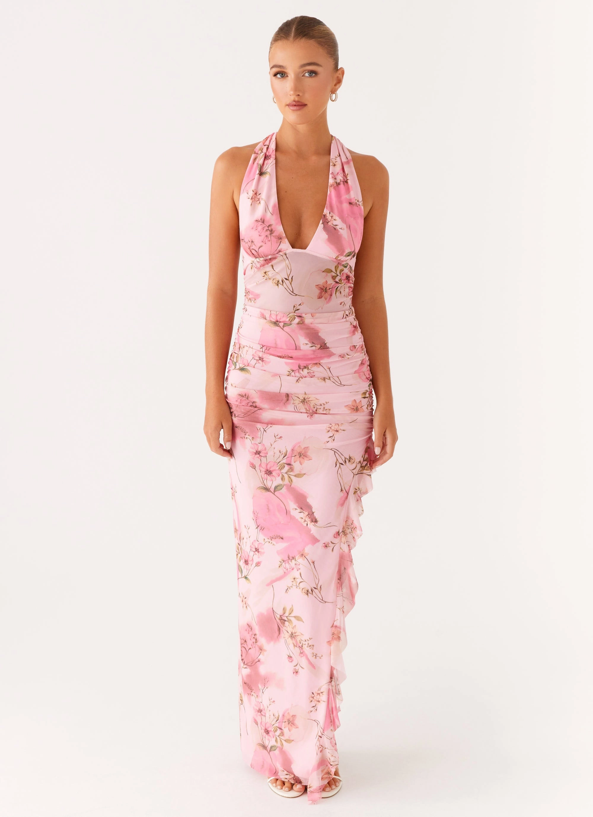 Micca Halter Maxi Dress - Pink Floral Print Modern Silhouette Unisex Option
