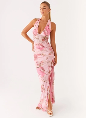 Sheer-Overlay Micca Halter Maxi Dress - Pink Floral Print