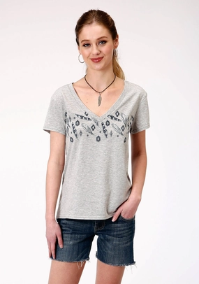 Personalized Touch Roper Womens Grey Poly/Rayon Feathers S/S V-Neck T-Shirt