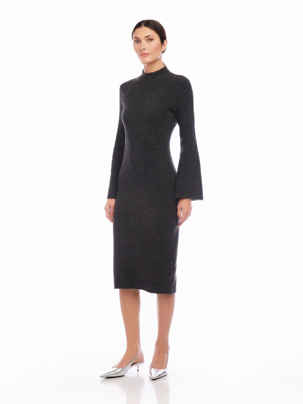 Body Flow Elastic-Waist Midi Sweater Dress in Charcoal