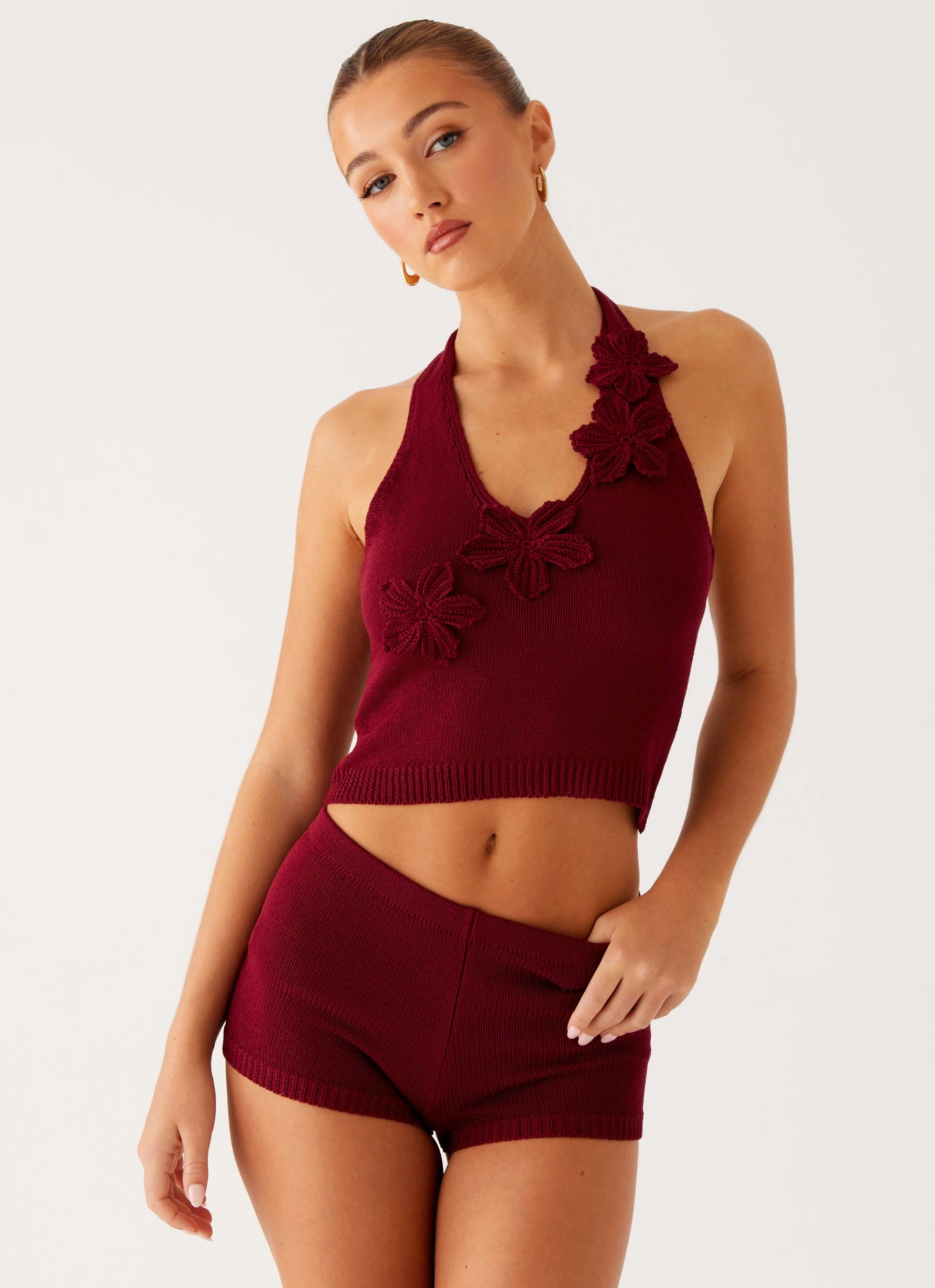 Miffy Mini Shorts - Maroon Shape Retention Fabric WrinkleResistant Cloth