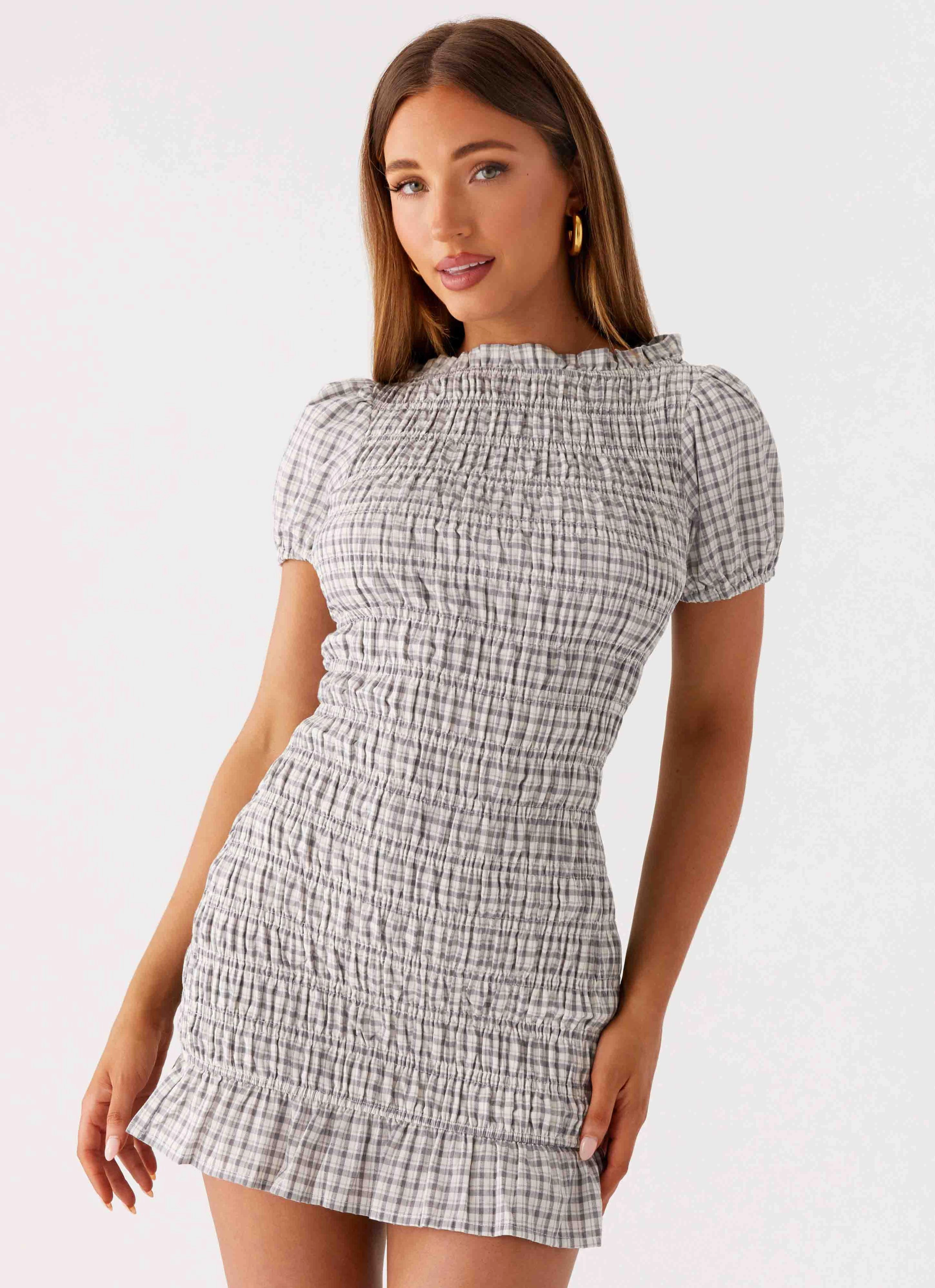 Millicent Ruched Mini Dress - Grey Check Hidden Zipper Date Vibe