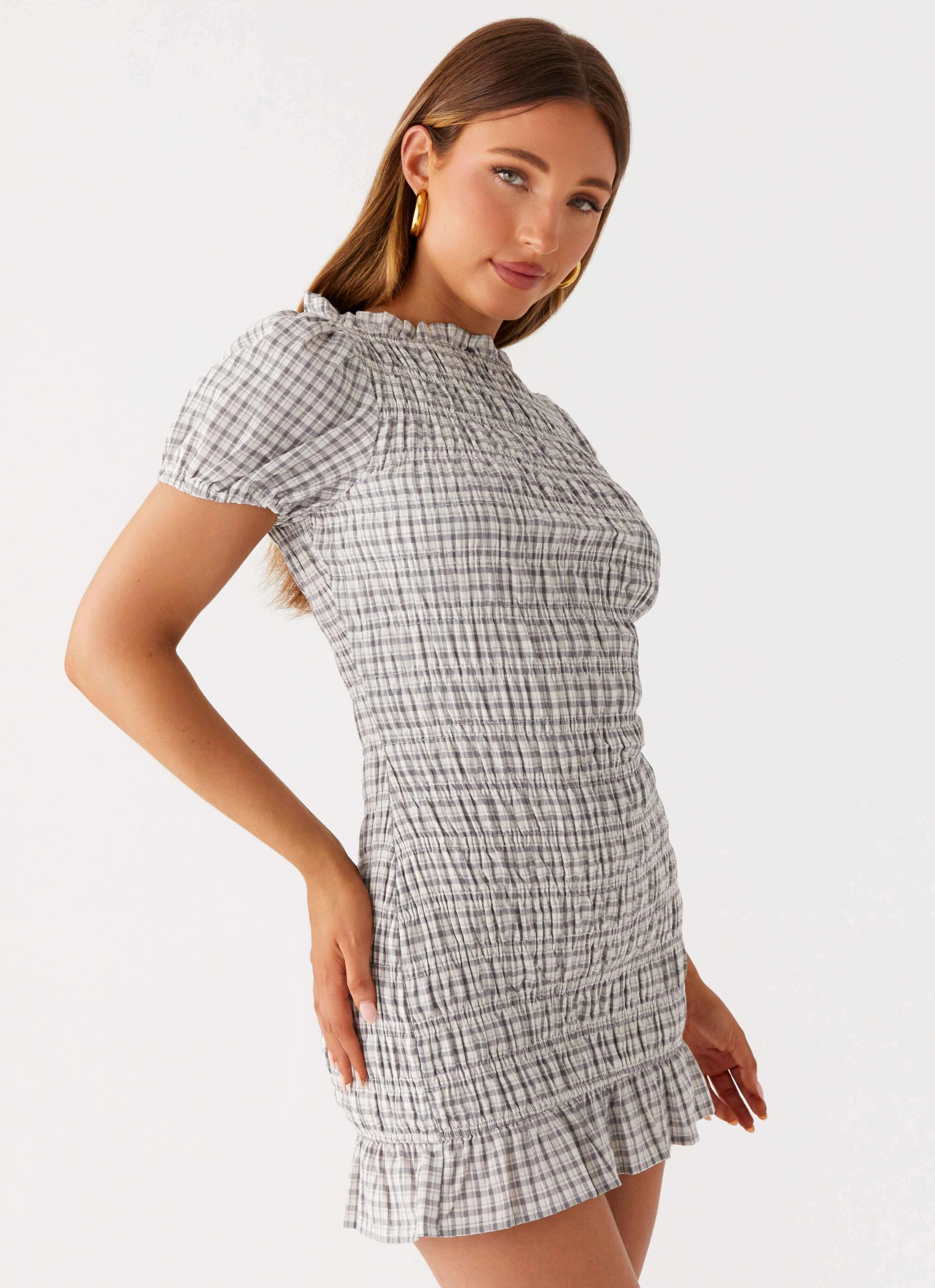 Airy Drape Millicent Ruched Mini Dress - Grey Check