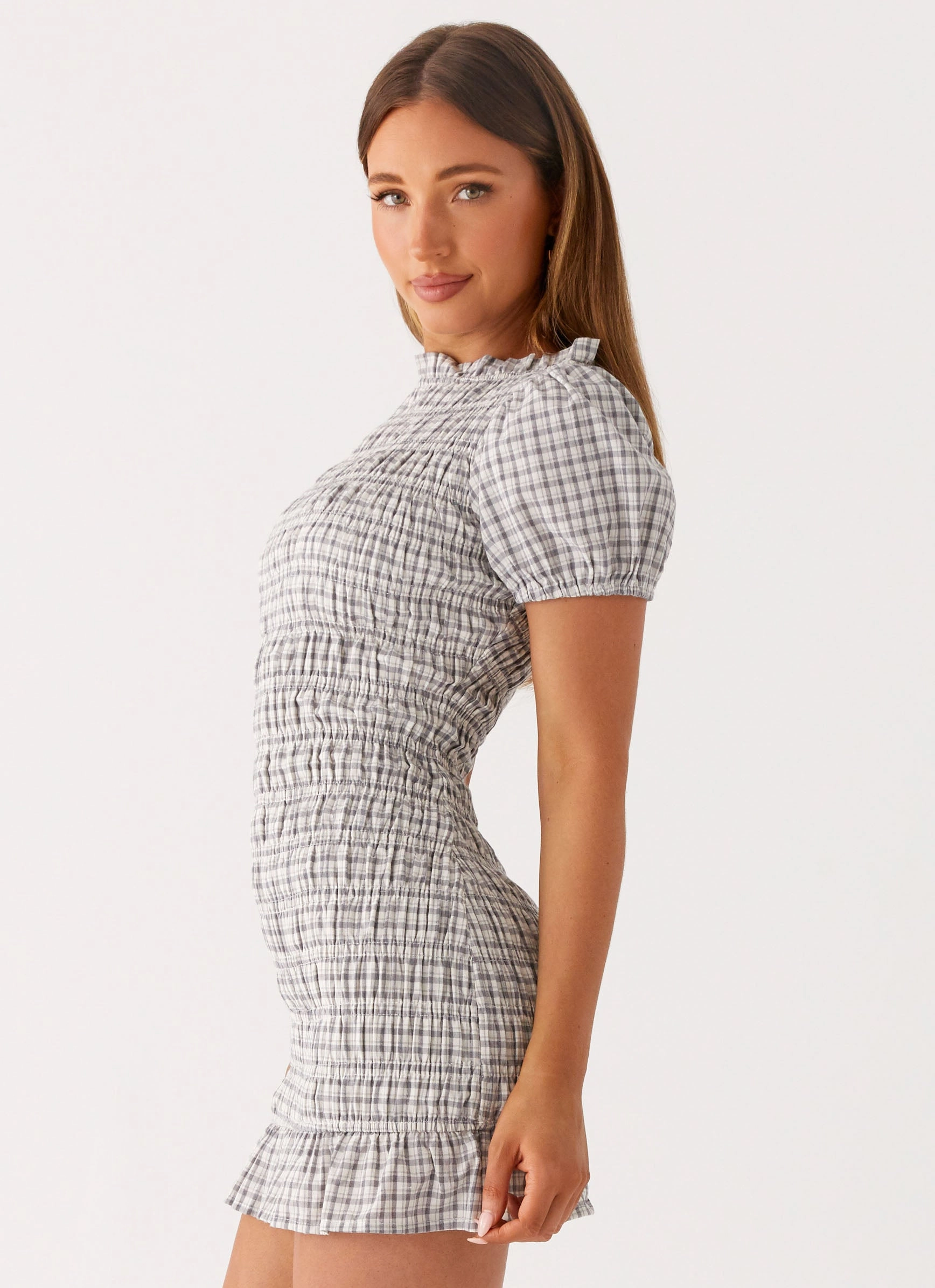 Millicent Ruched Mini Dress - Grey Check Lounge Cut Quick Glam