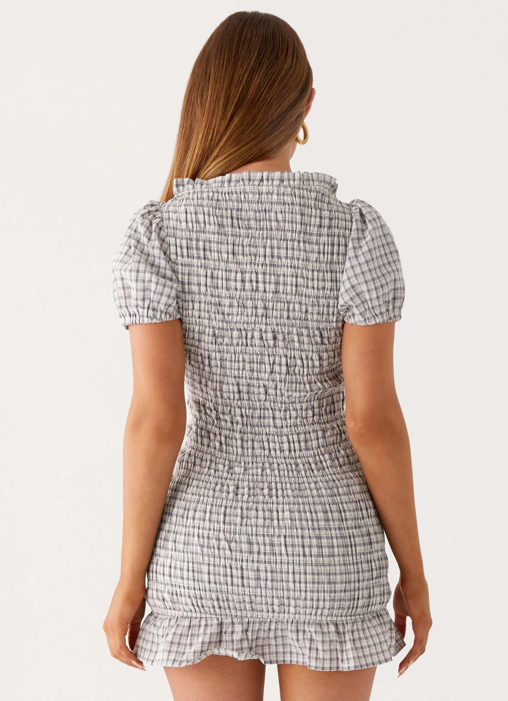 Millicent Ruched Mini Dress - Grey Check Party outfit