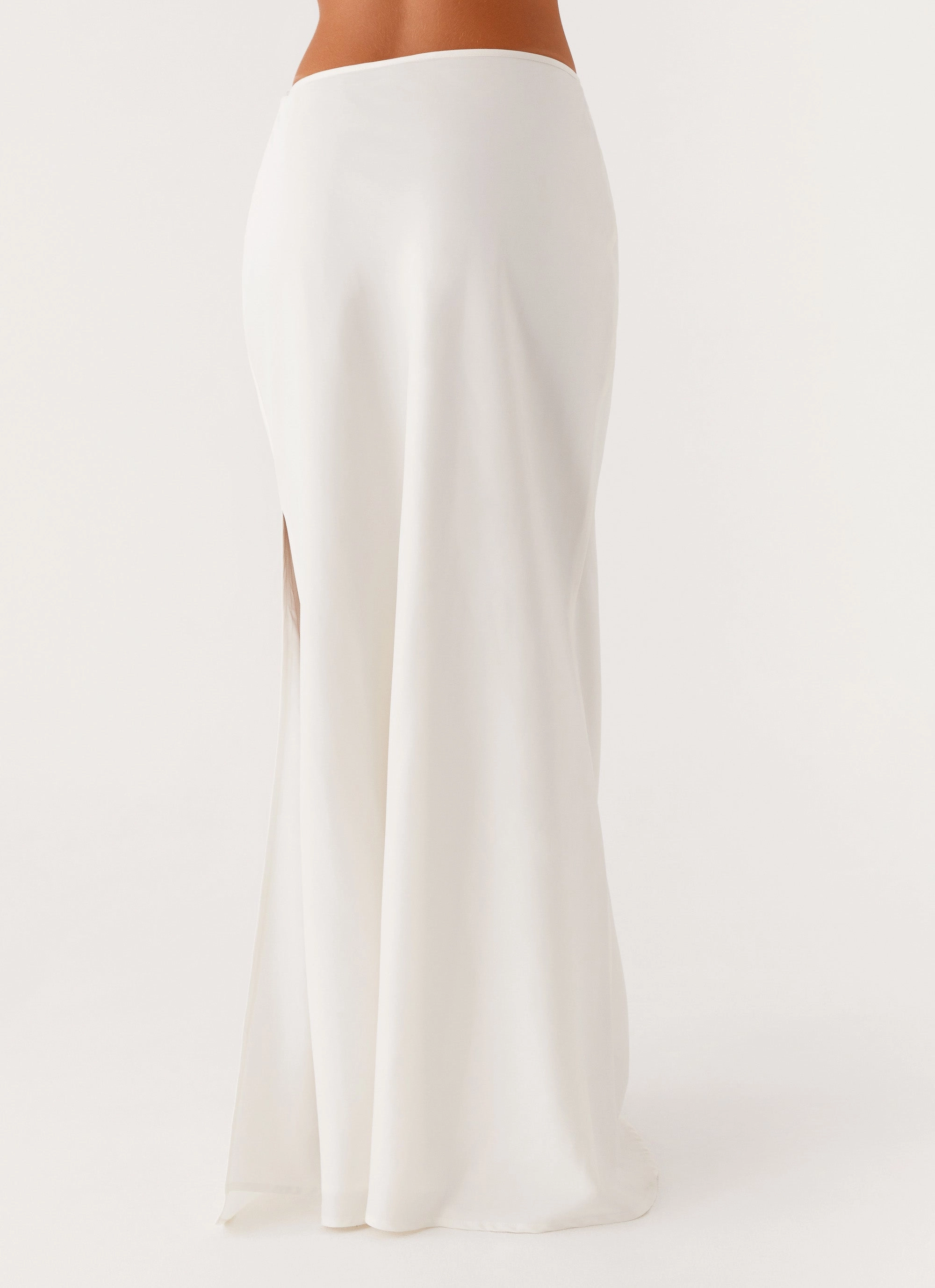 Mina Satin Maxi Skirt - White DoubleStitched Hemming Minimalist Silhouette Cut