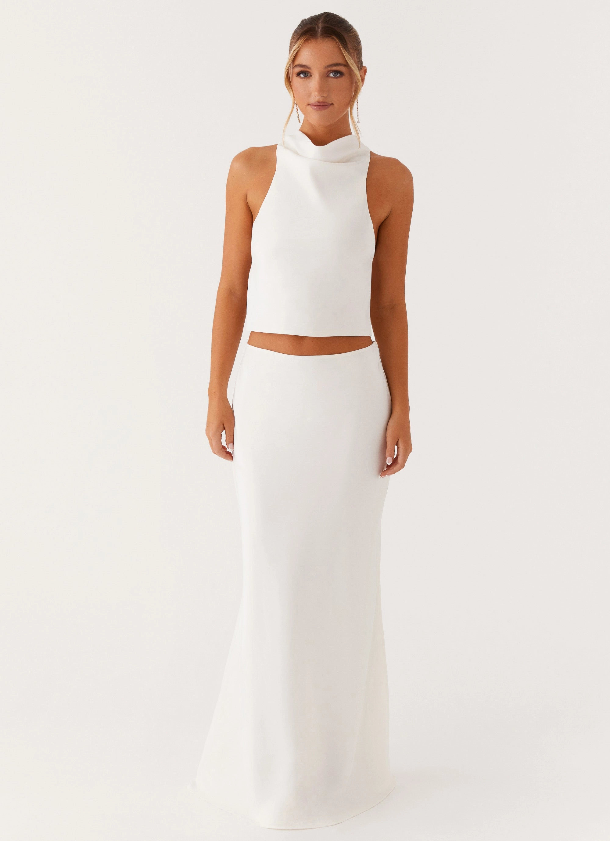 Mina Satin Maxi Skirt - White Ribbed Knit Fabric Professional Look