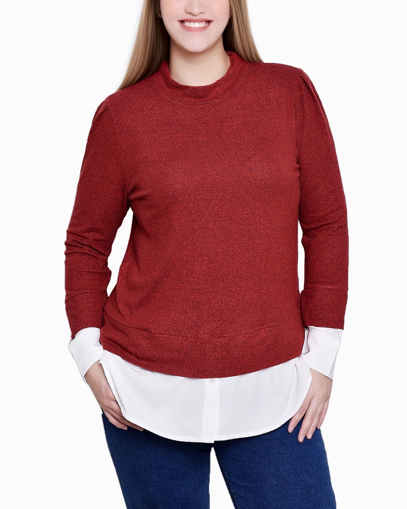 Four Way Stretch Design Petite Long Sleeve Two-Fer Top