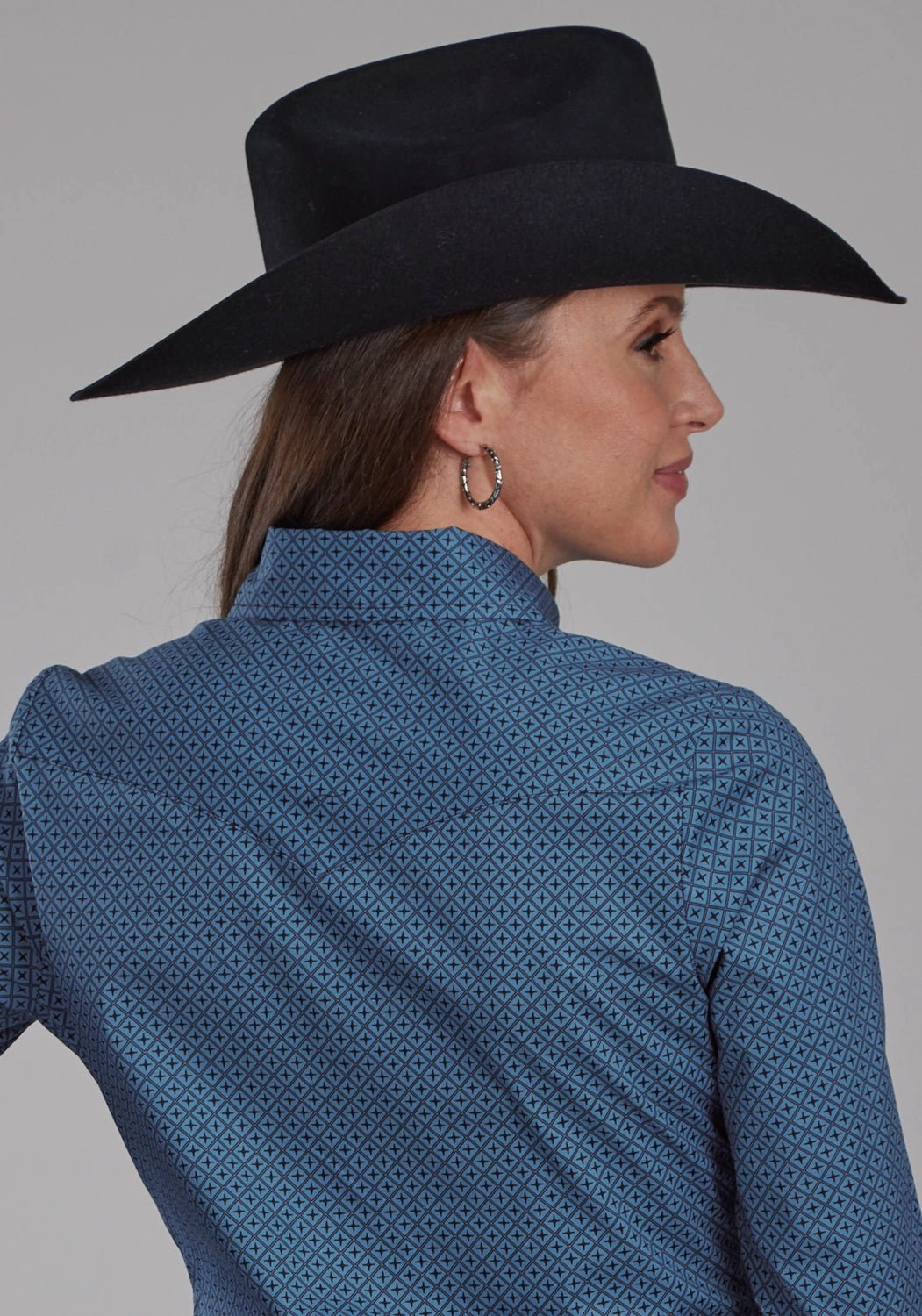 Roper Womens Diamond Print Blue Cotton Blend L/S Shirt Tailored Fit Formal Elegance