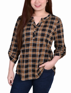 3/4 Roll Tab Sleeve Y Neck Top Urban Trend