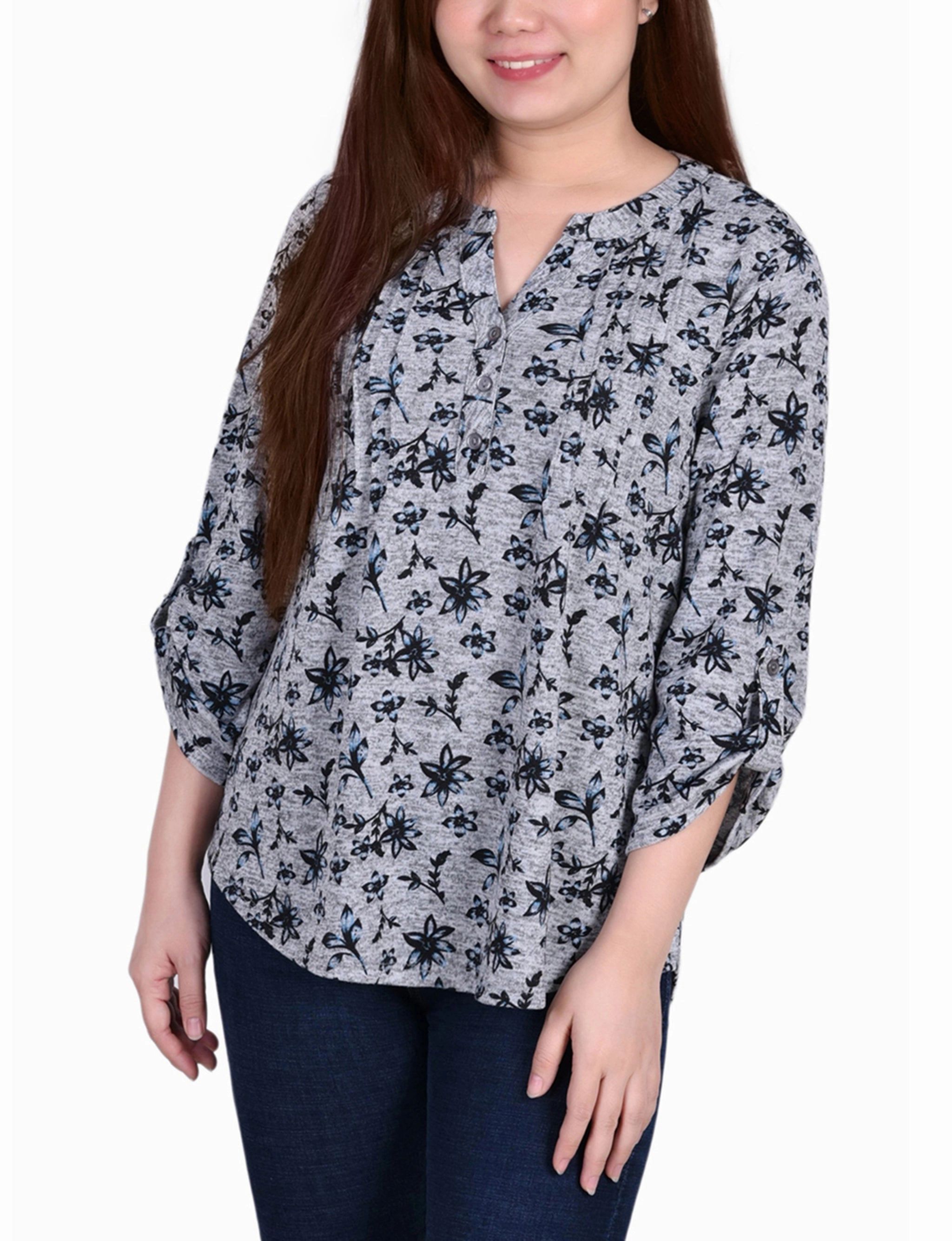 3/4 Roll Tab Sleeve Y Neck Top Simple Trend Multi purpose design