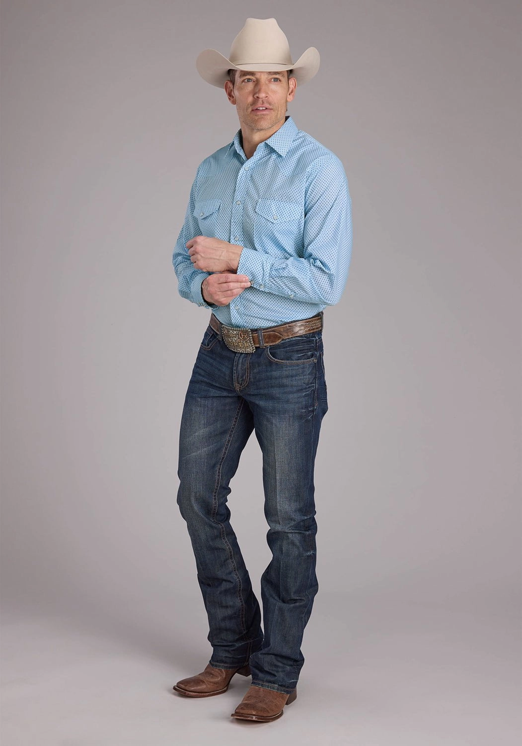 Seamless construction Roper Mens 2427 Mini Cross Blue Cotton Blend L/S Shirt