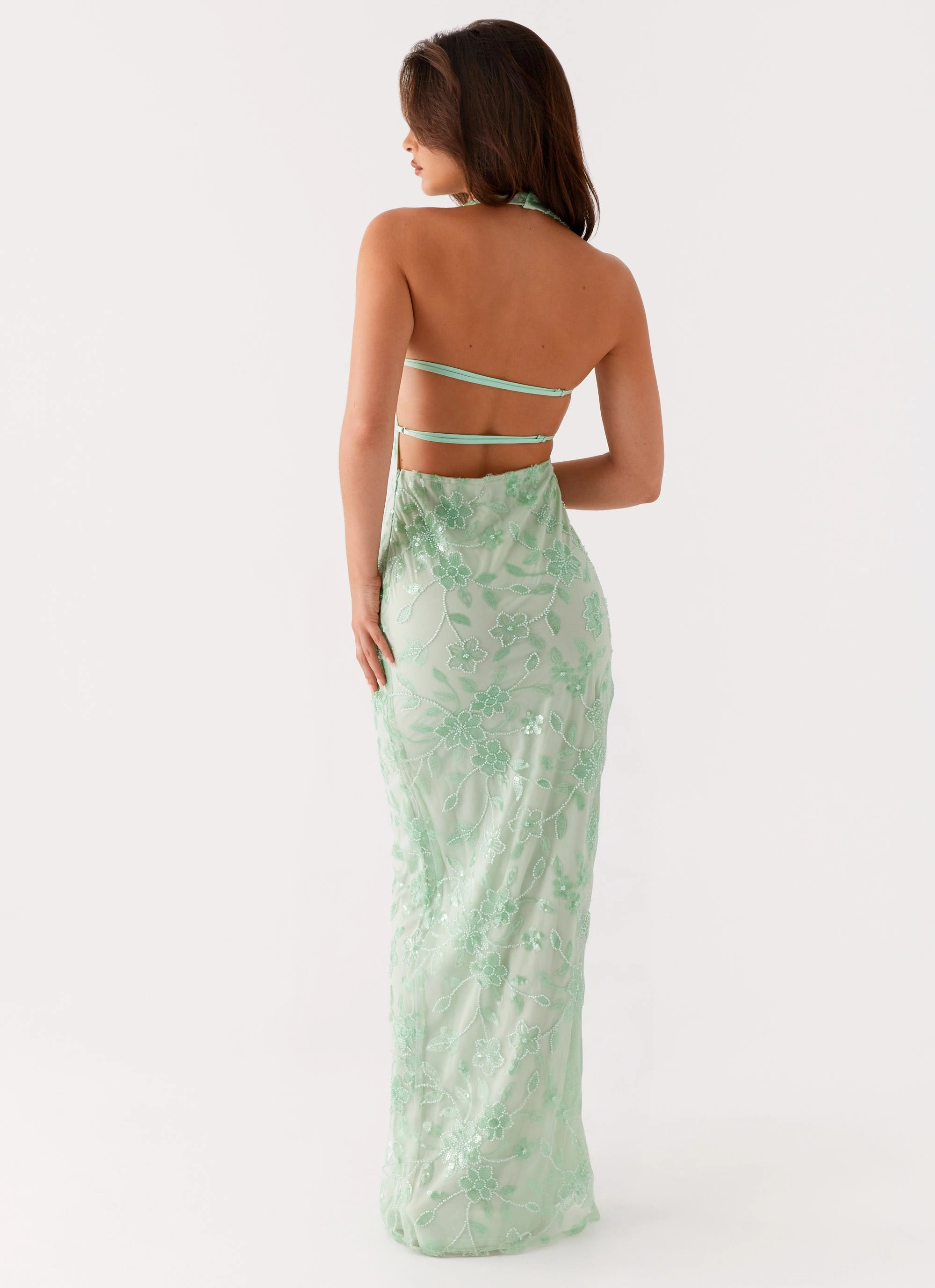 Classic knee-length dress Easy Movement Cydney Beaded Maxi Dress - Sage
