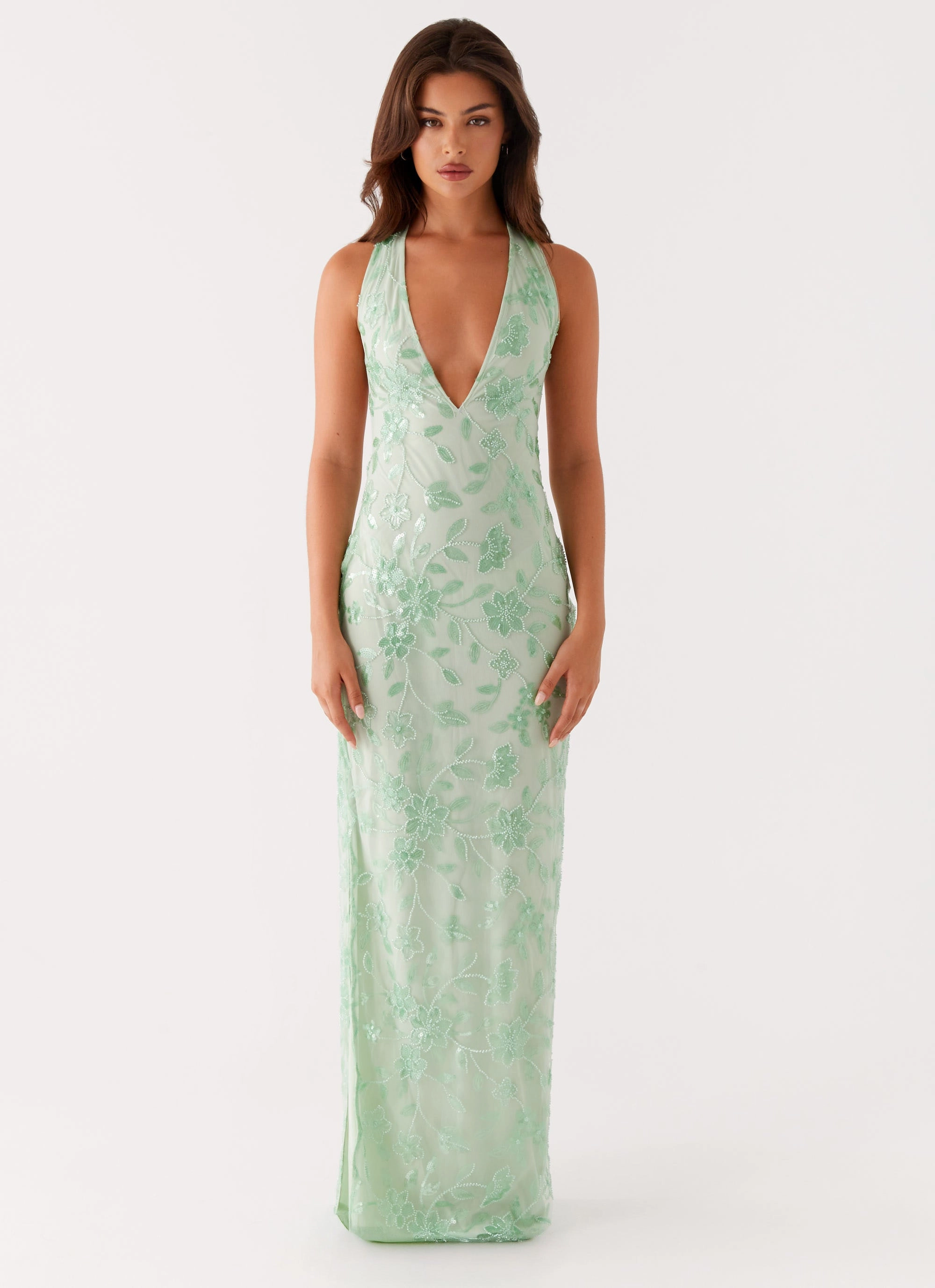 Smart and Chic Cydney Beaded Maxi Dress - Sage
