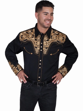 Scully Mens Gold Poly/Rayon Tooled Floral L/S Shirt Wrinkle-Resistant