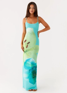 Bad News Mesh Maxi Dress - Turquoise Floral Sophisticated Layers Outdoor Ready