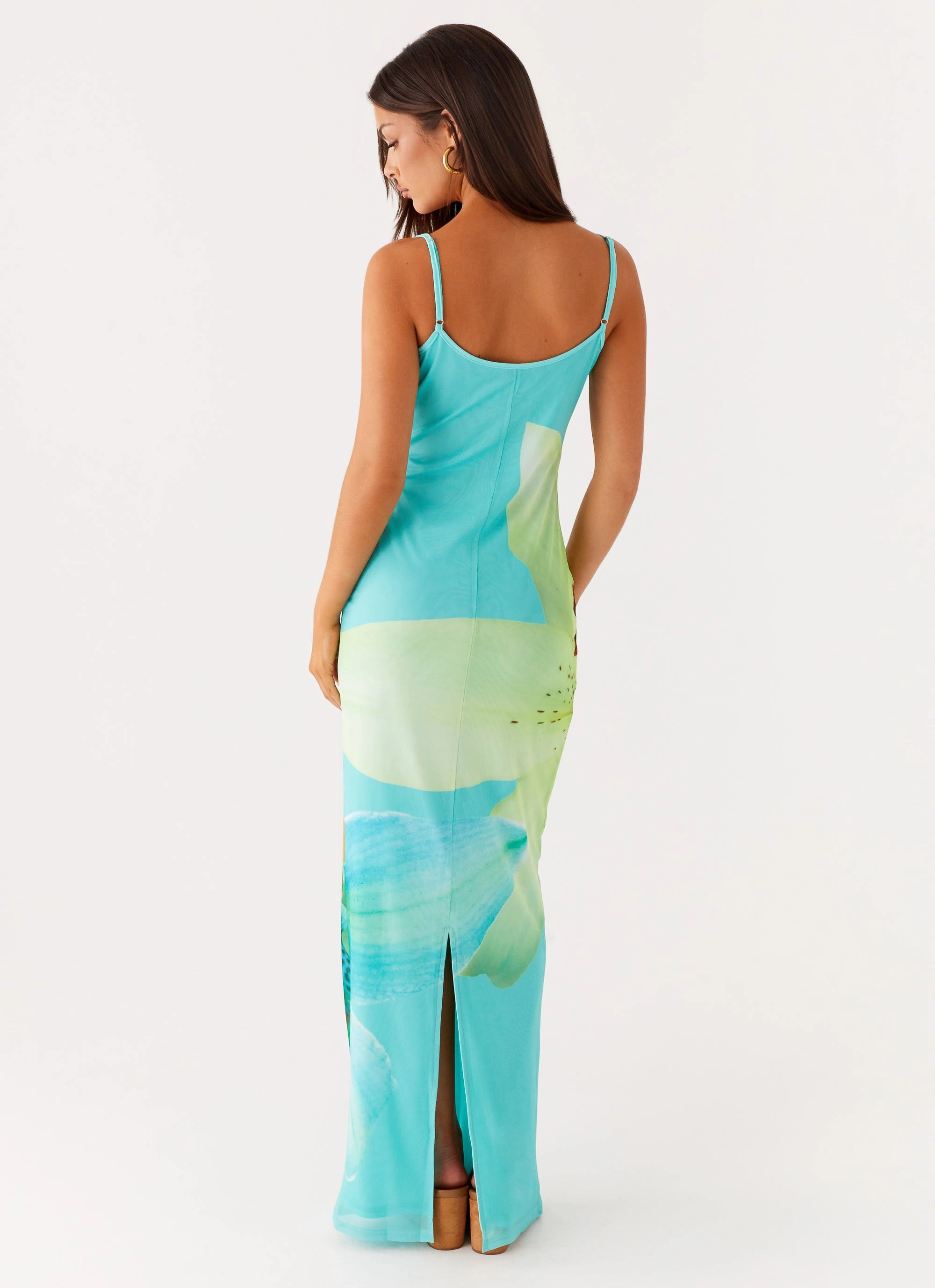 Kimono-Sleeve Bad News Mesh Maxi Dress - Turquoise Floral