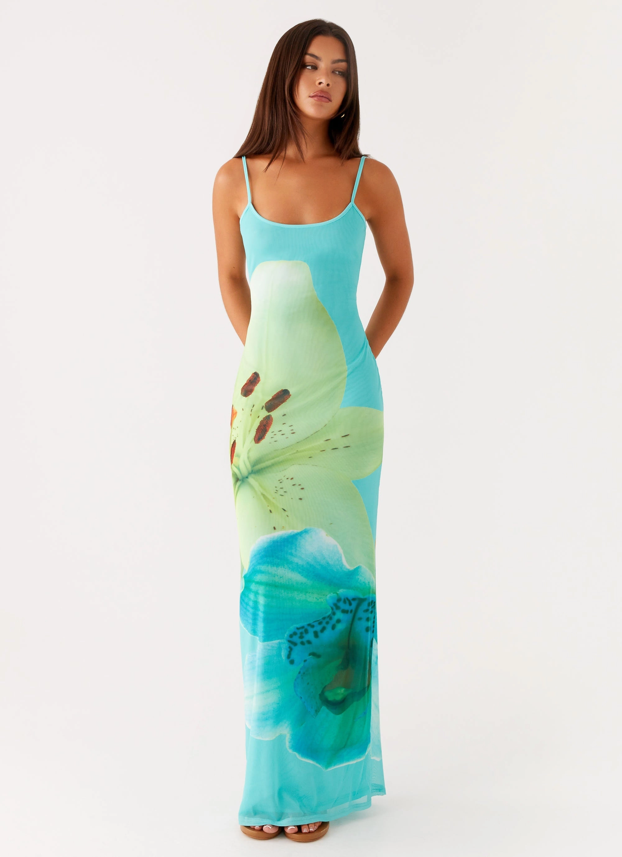 Bad News Mesh Maxi Dress - Turquoise Floral Daily Favorite Outdoor Ready